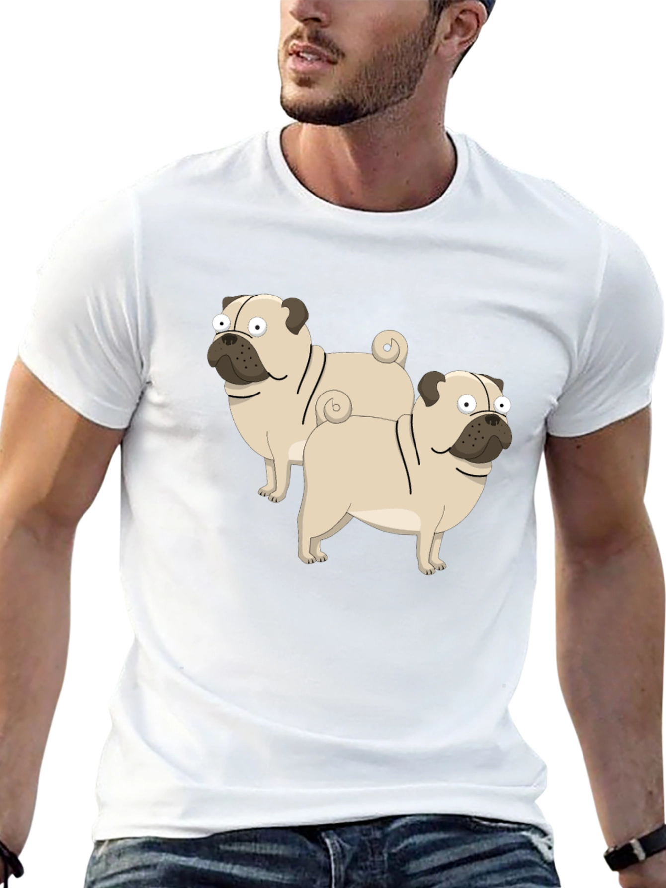 Cartoon Pug Graphic T-Shirt - Black Cotton Blend