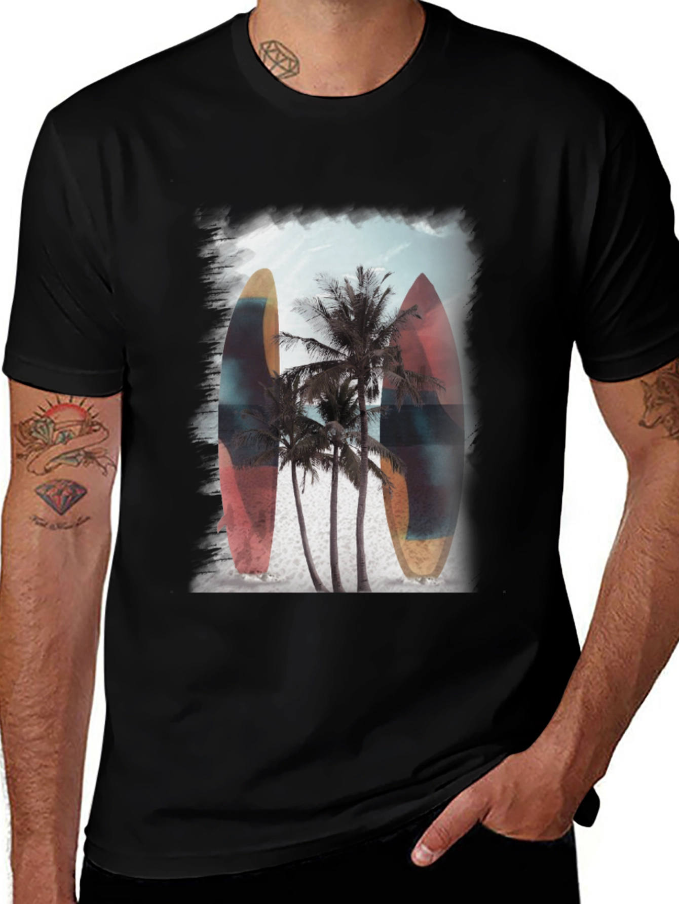 Surfboard Palm Tree Graphic Tee - Tropical Vibe