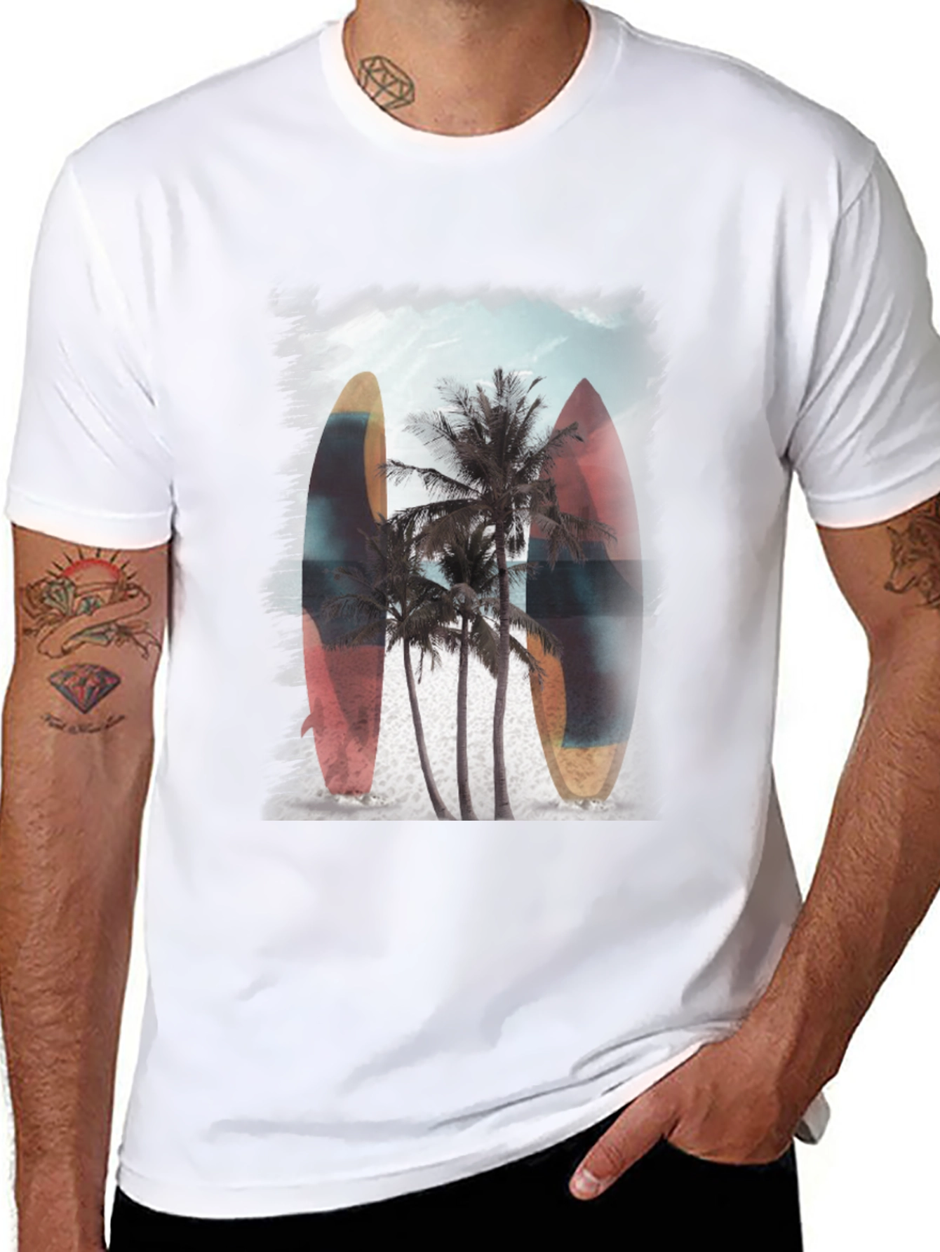 Surfboard Palm Tree Graphic Tee - Tropical Vibe