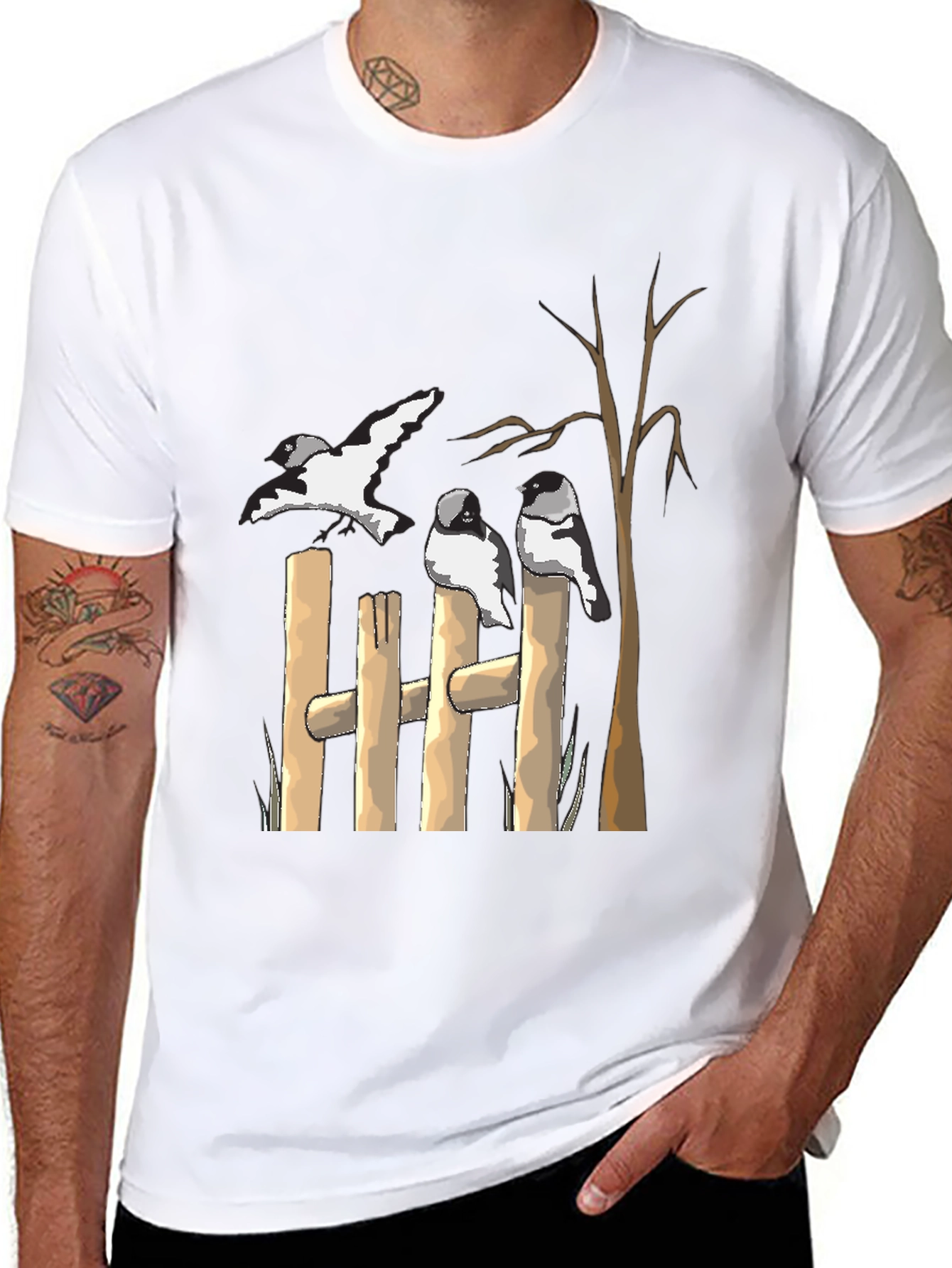 Birds on Fence Graphic T-Shirt - Casual Tee