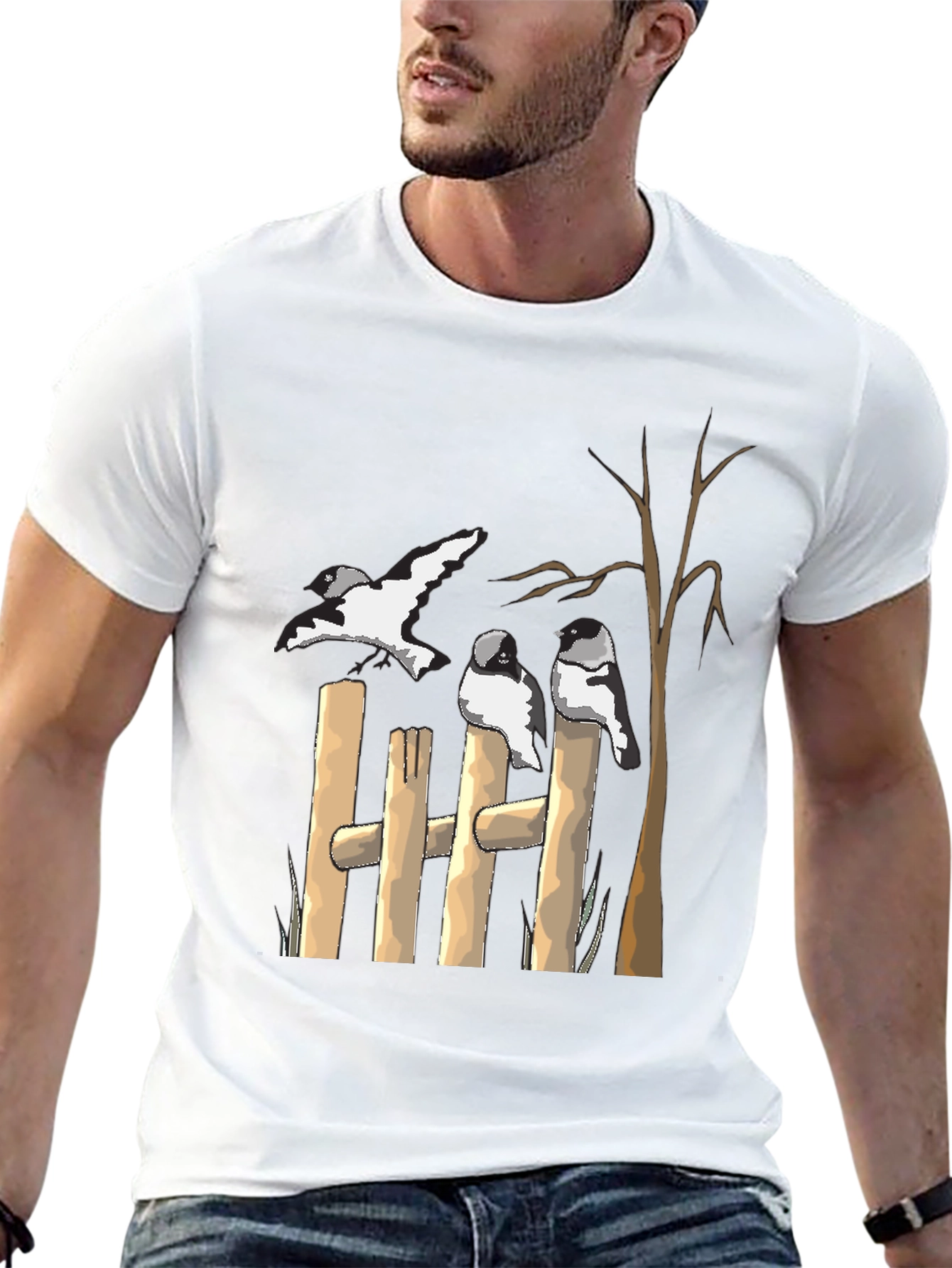 Birds on Fence Graphic T-Shirt - Casual Tee