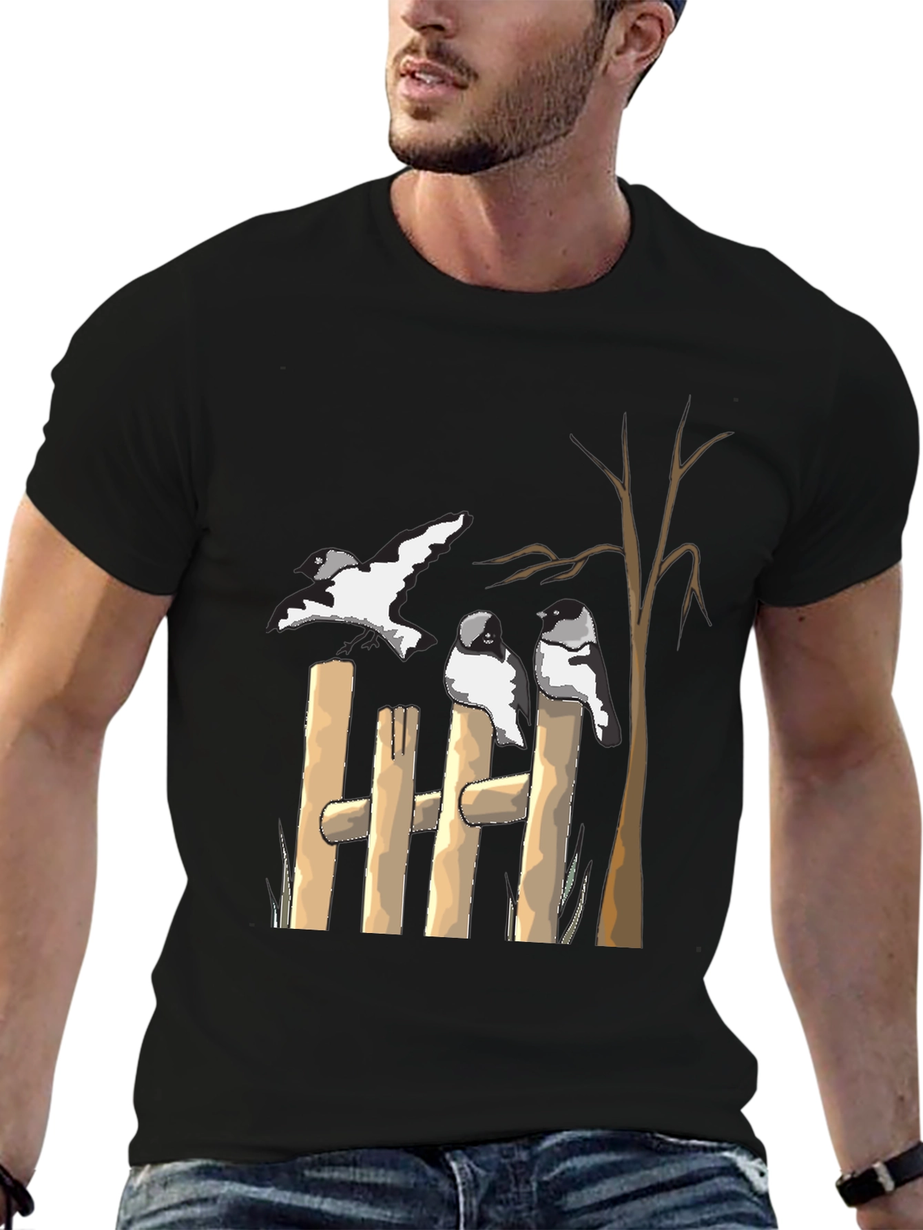 Birds on Fence Graphic T-Shirt - Casual Tee