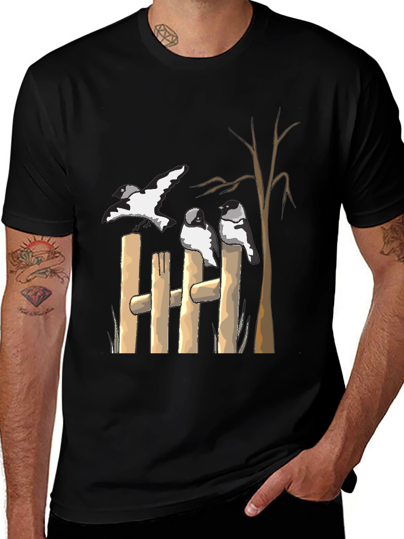 Birds on Fence Graphic T-Shirt - Casual Tee
