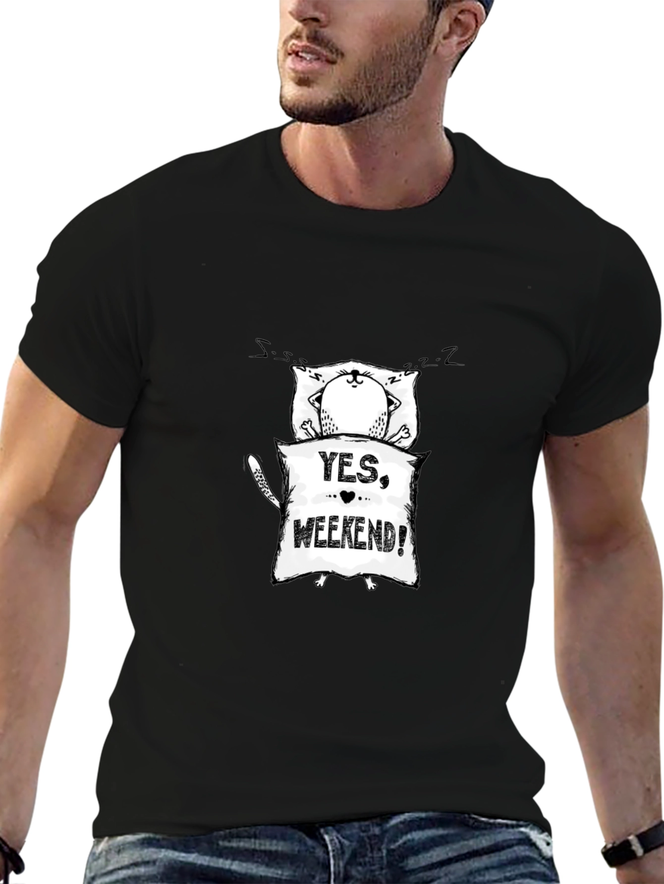Yes Weekend! Sleepy Cat Graphic Tee - Black