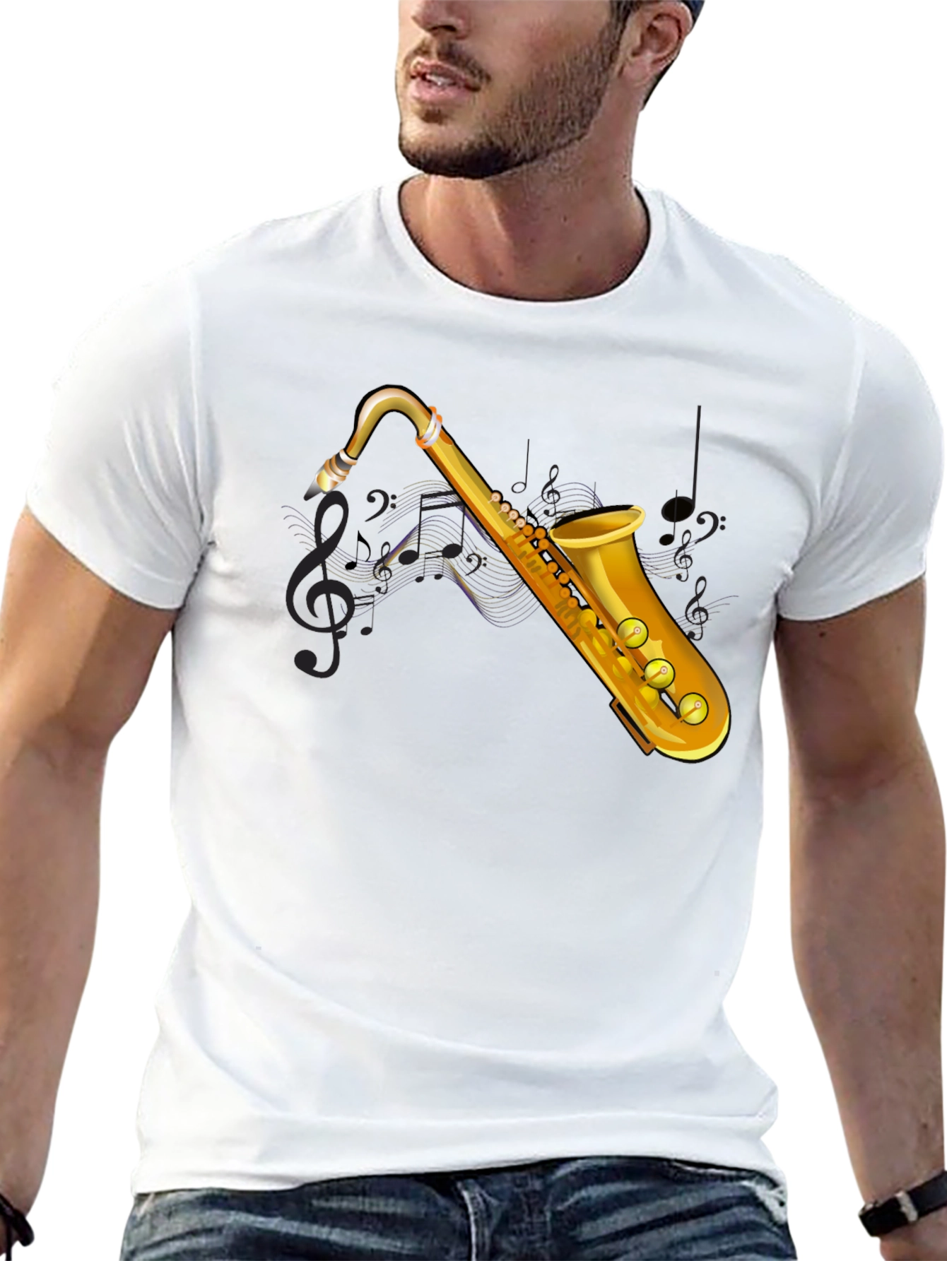 Saxophone Graphic Tee - Black Cotton T-Shirt