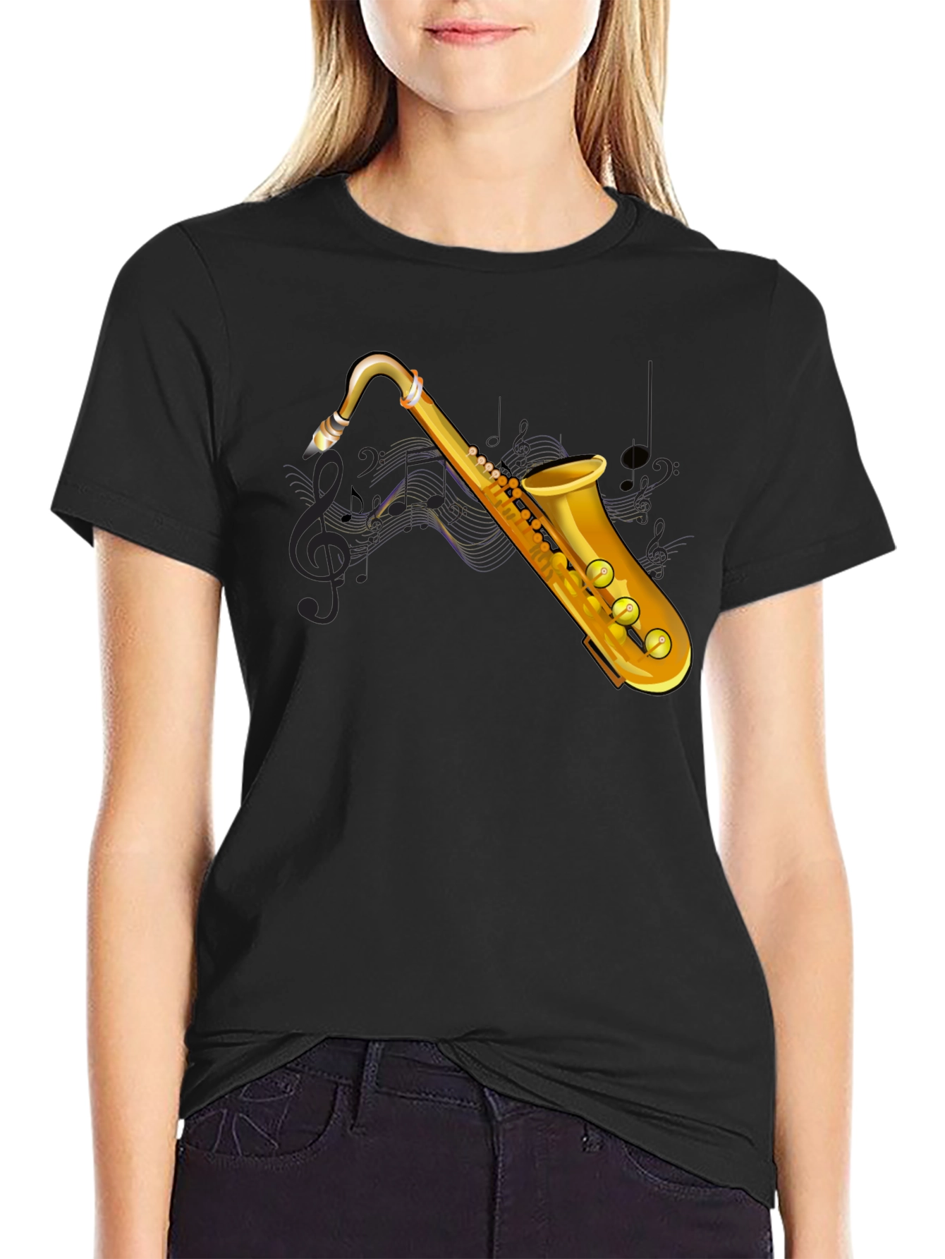 Saxophone Graphic Tee - Black Cotton T-Shirt
