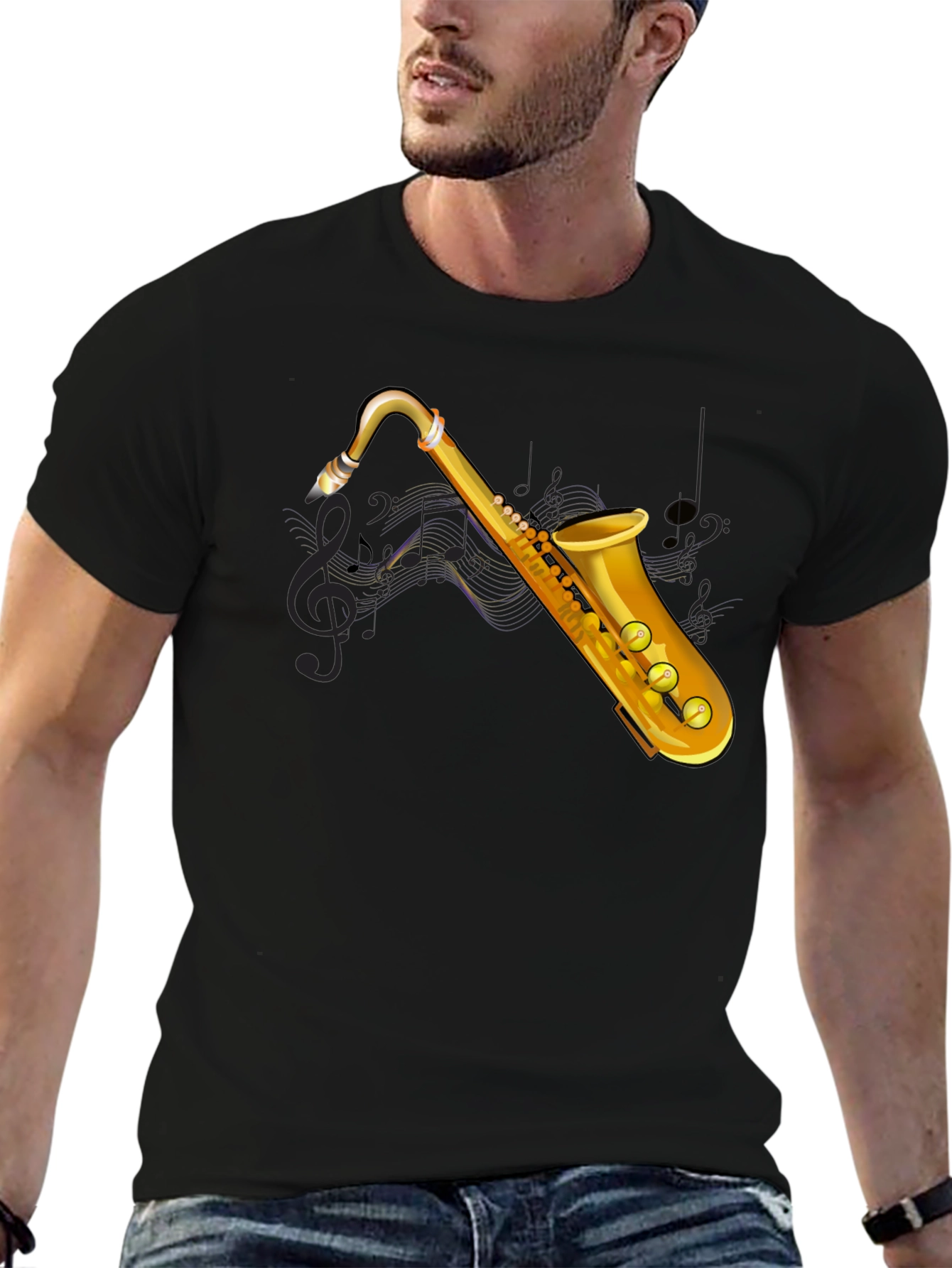 Saxophone Graphic Tee - Black Cotton T-Shirt