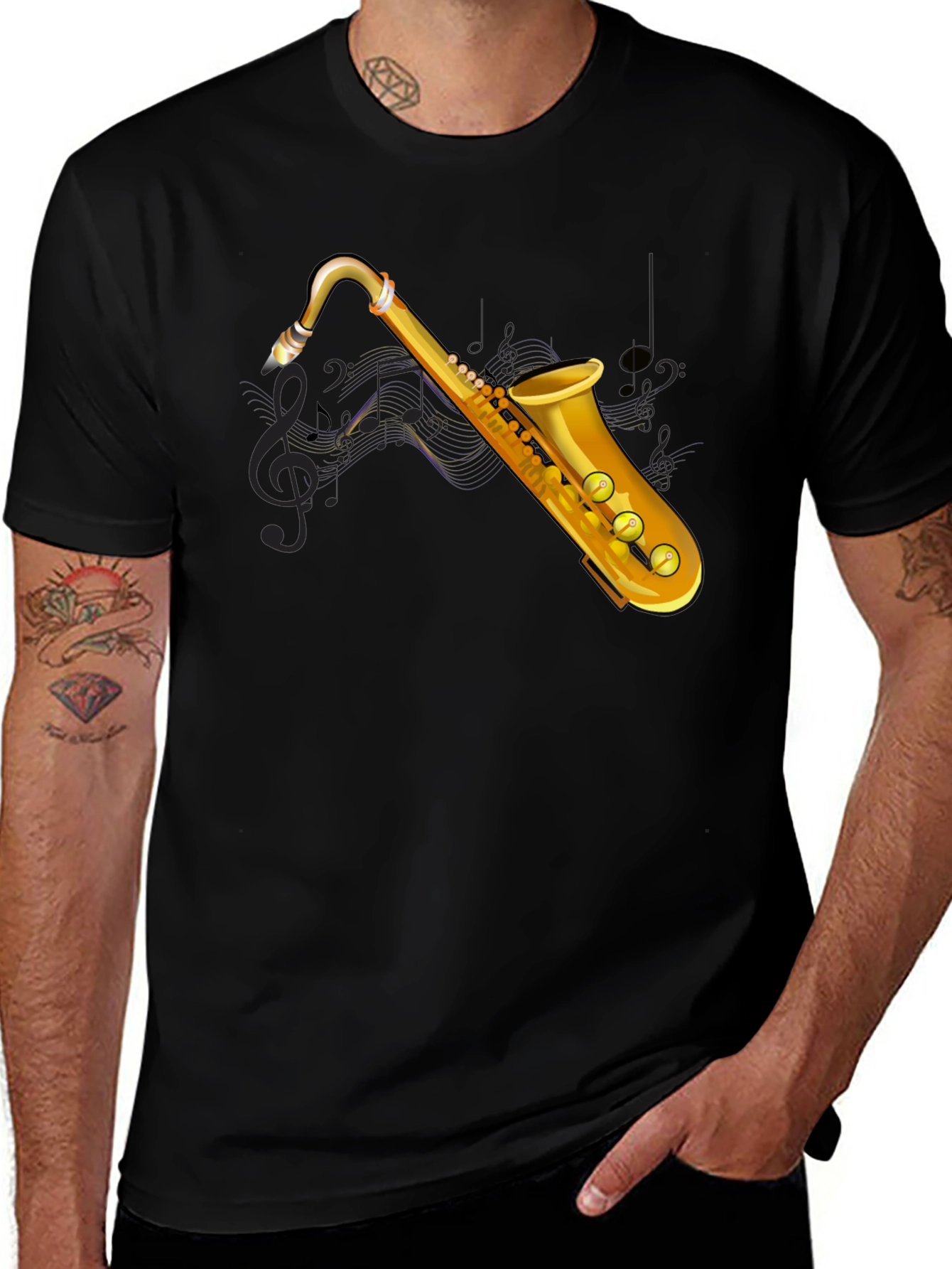 Saxophone Graphic Tee - Black Cotton T-Shirt