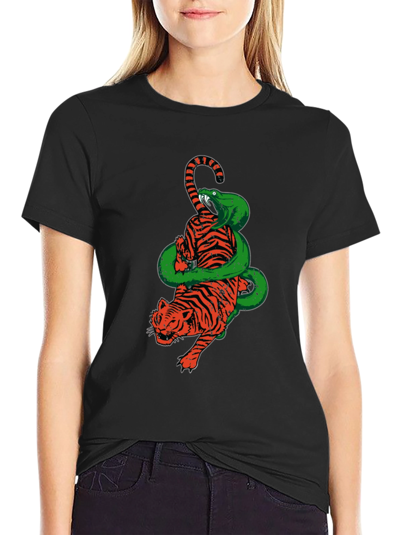Tiger and Snake Graphic Print Black T-Shirt