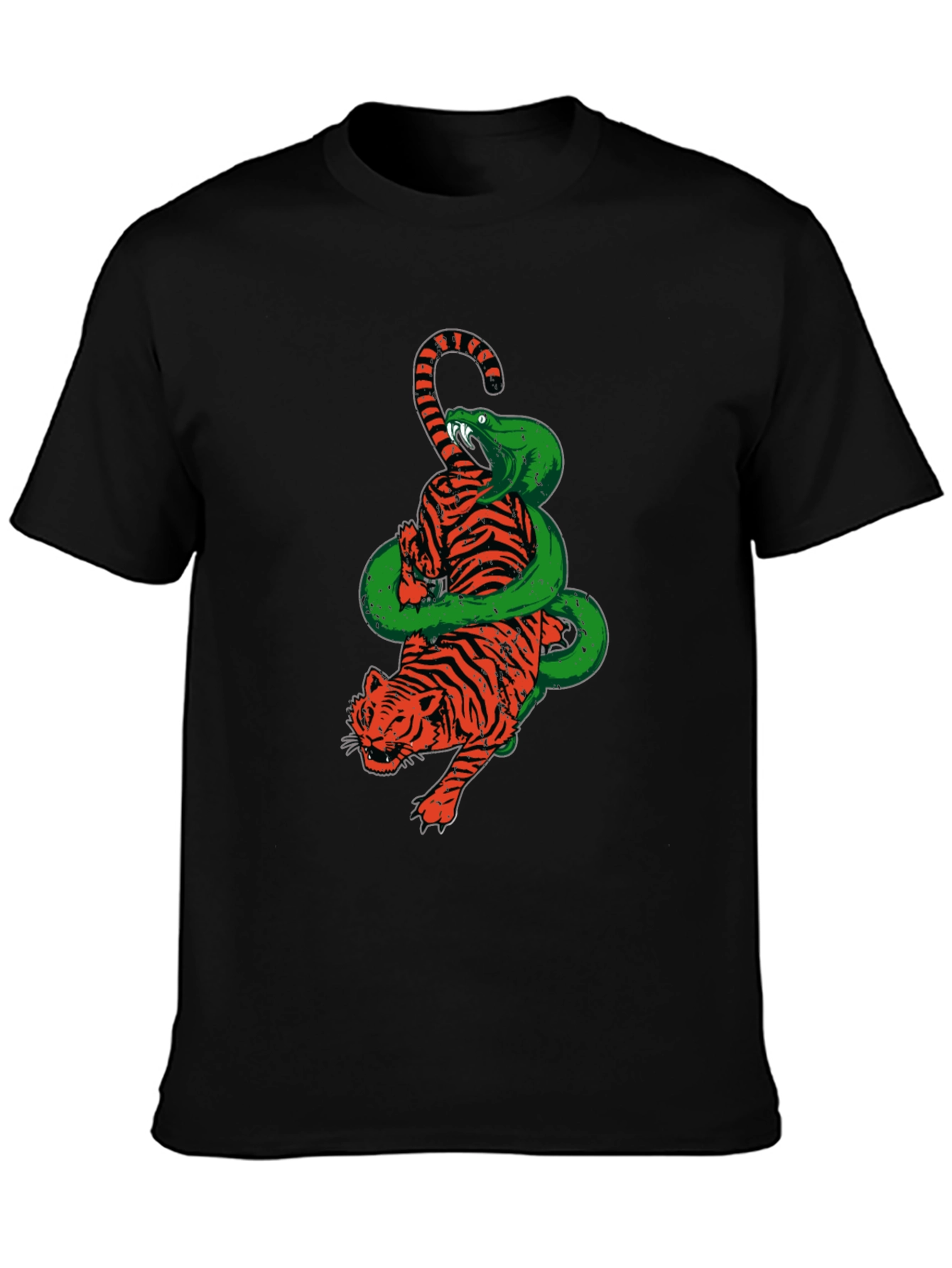 Tiger and Snake Graphic Print Black T-Shirt