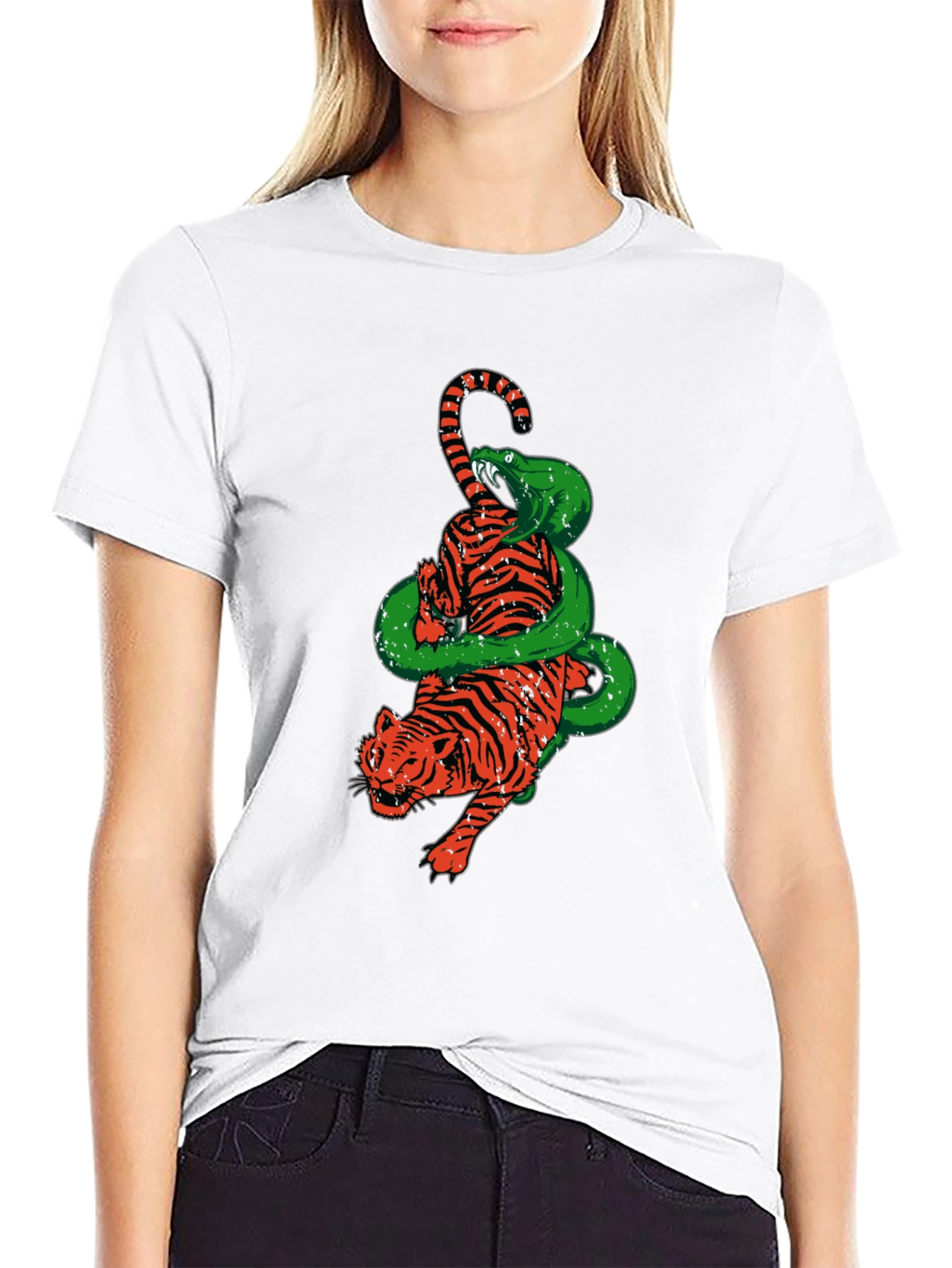 Tiger and Snake Graphic Print Black T-Shirt