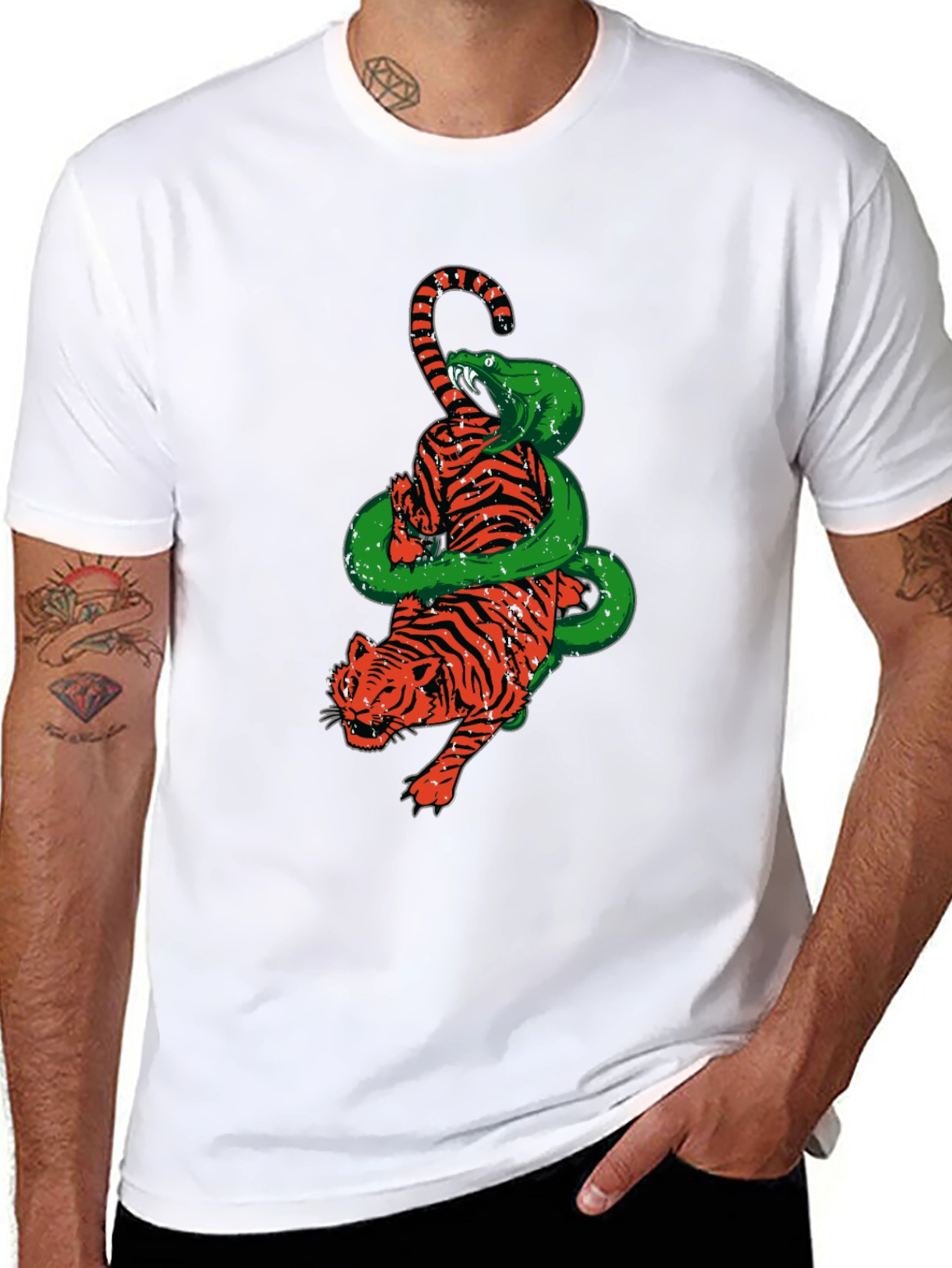 Tiger and Snake Graphic Print Black T-Shirt