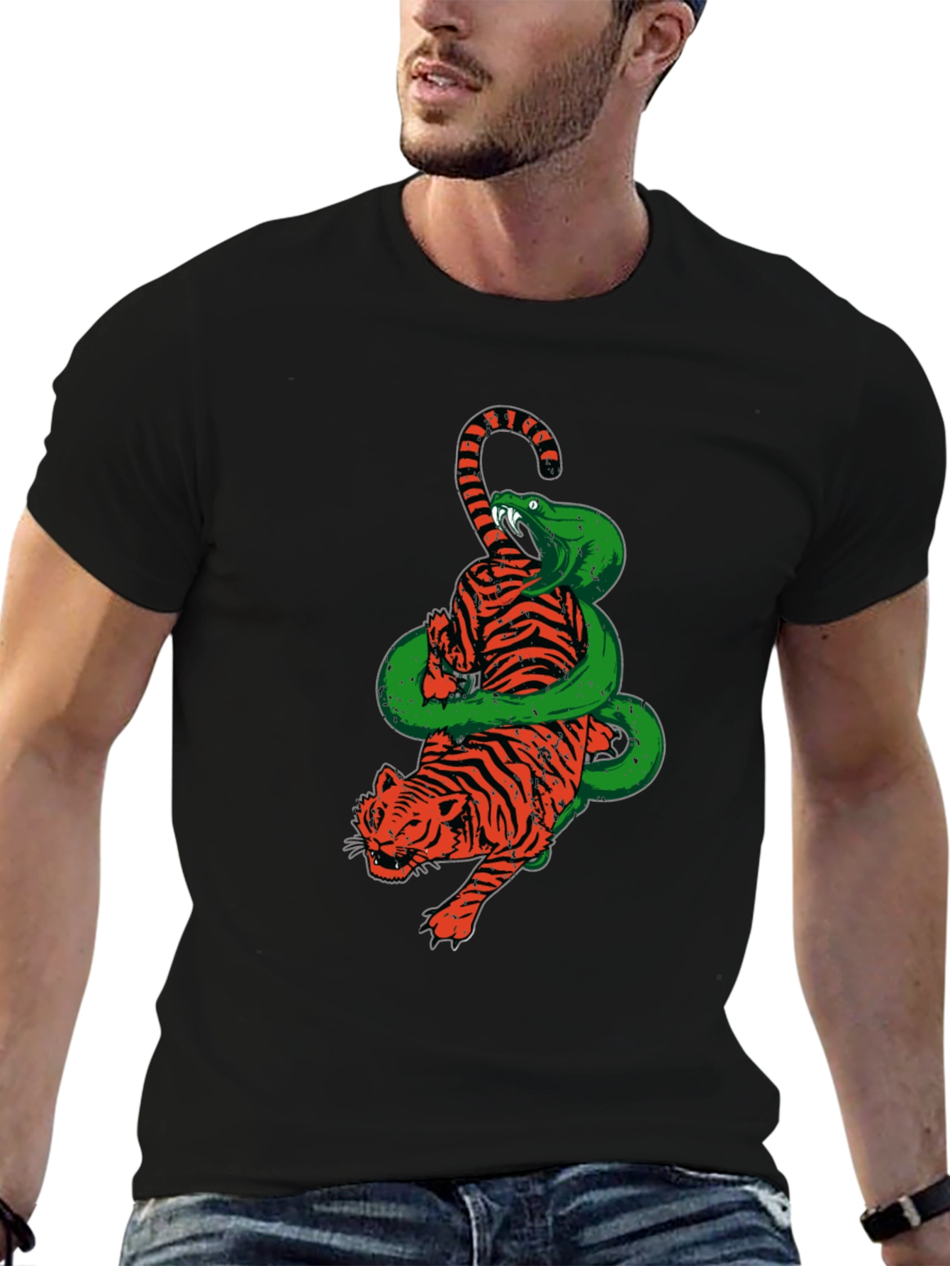 Tiger and Snake Graphic Print Black T-Shirt