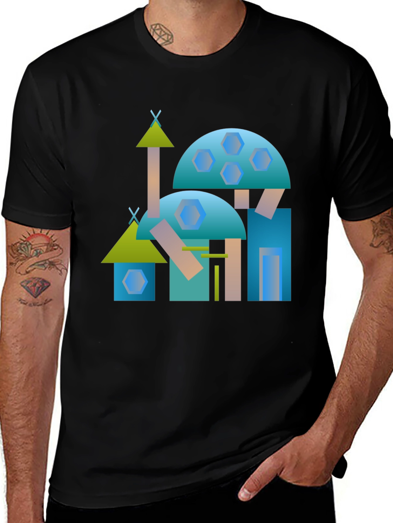 Abstract Geometric Building Black Tee