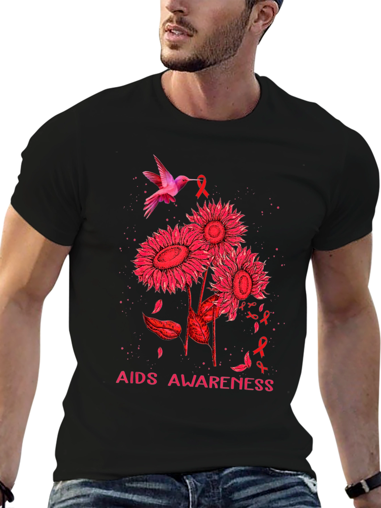 AIDS Awareness T-Shirt with Hummingbird and Sunflowers