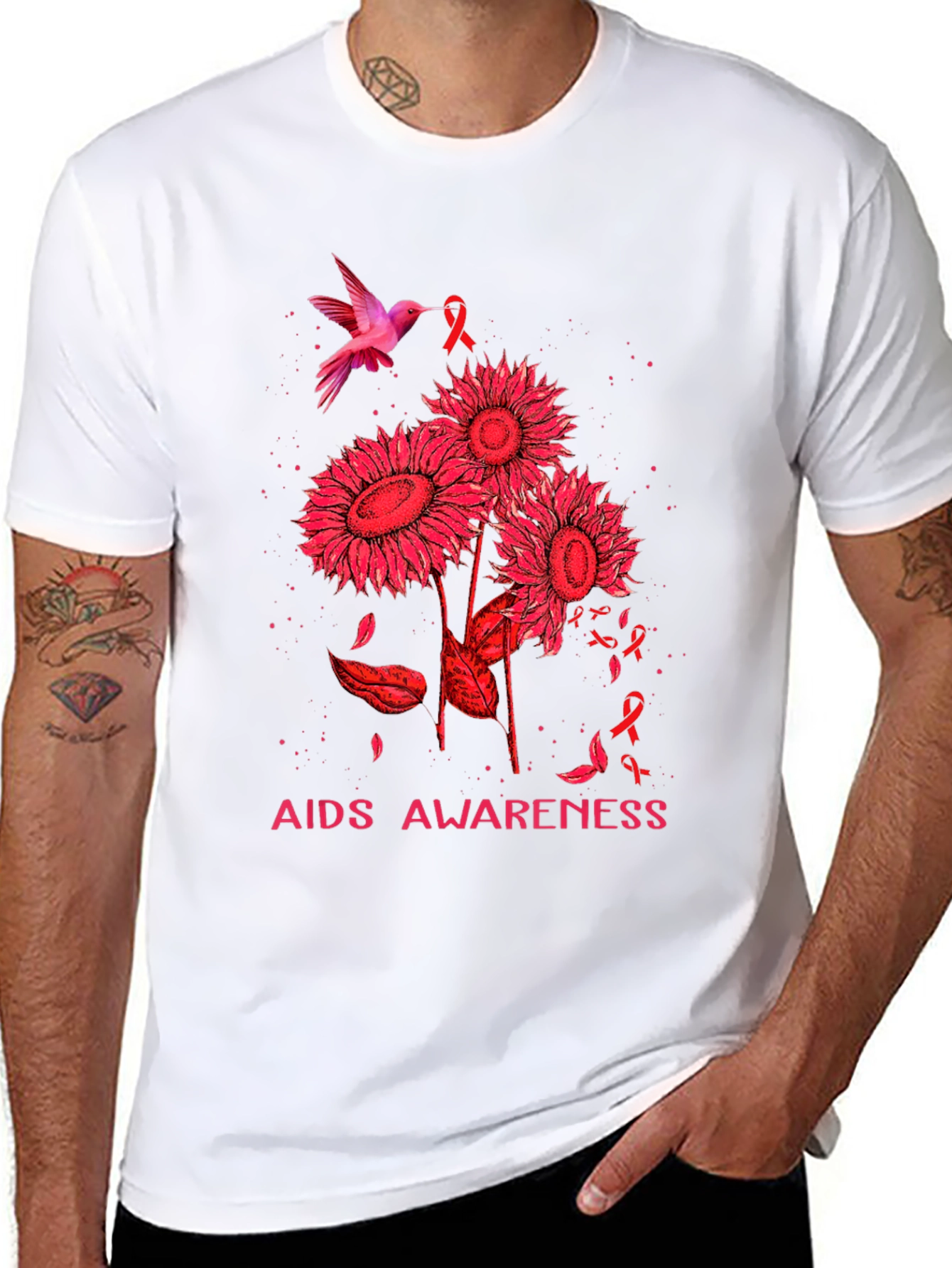 AIDS Awareness T-Shirt with Hummingbird and Sunflowers