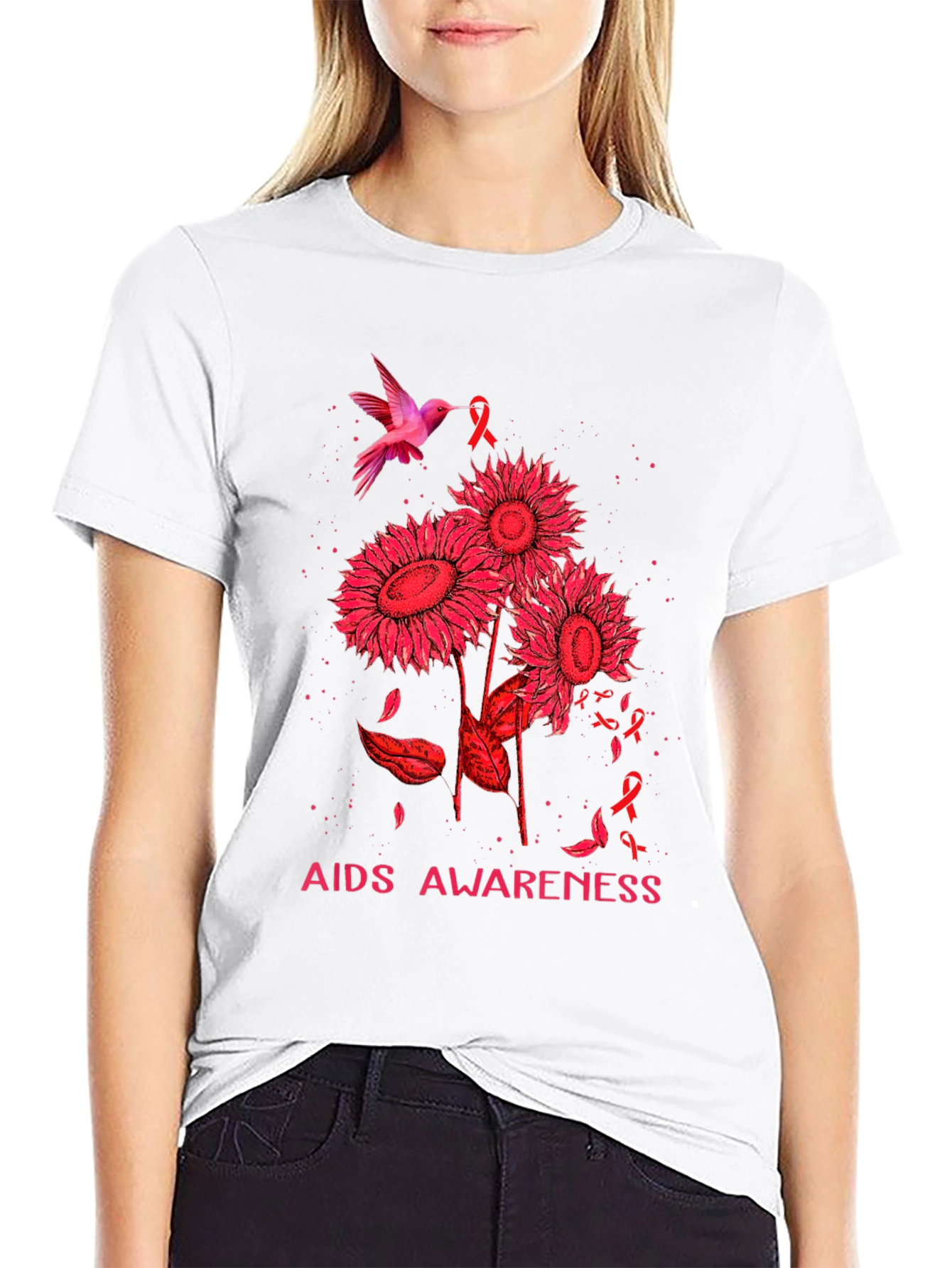 AIDS Awareness T-Shirt with Hummingbird and Sunflowers