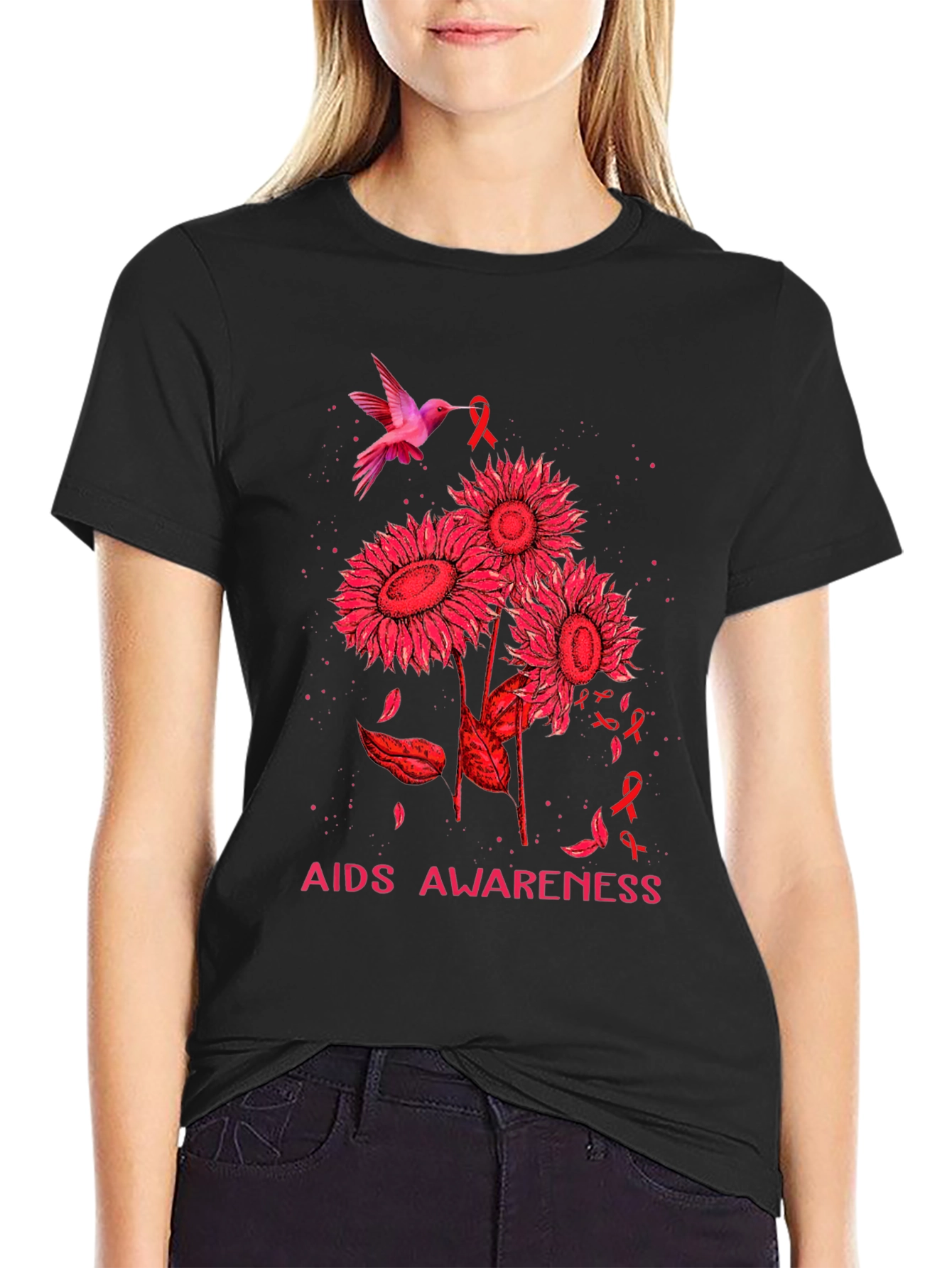 AIDS Awareness T-Shirt with Hummingbird and Sunflowers