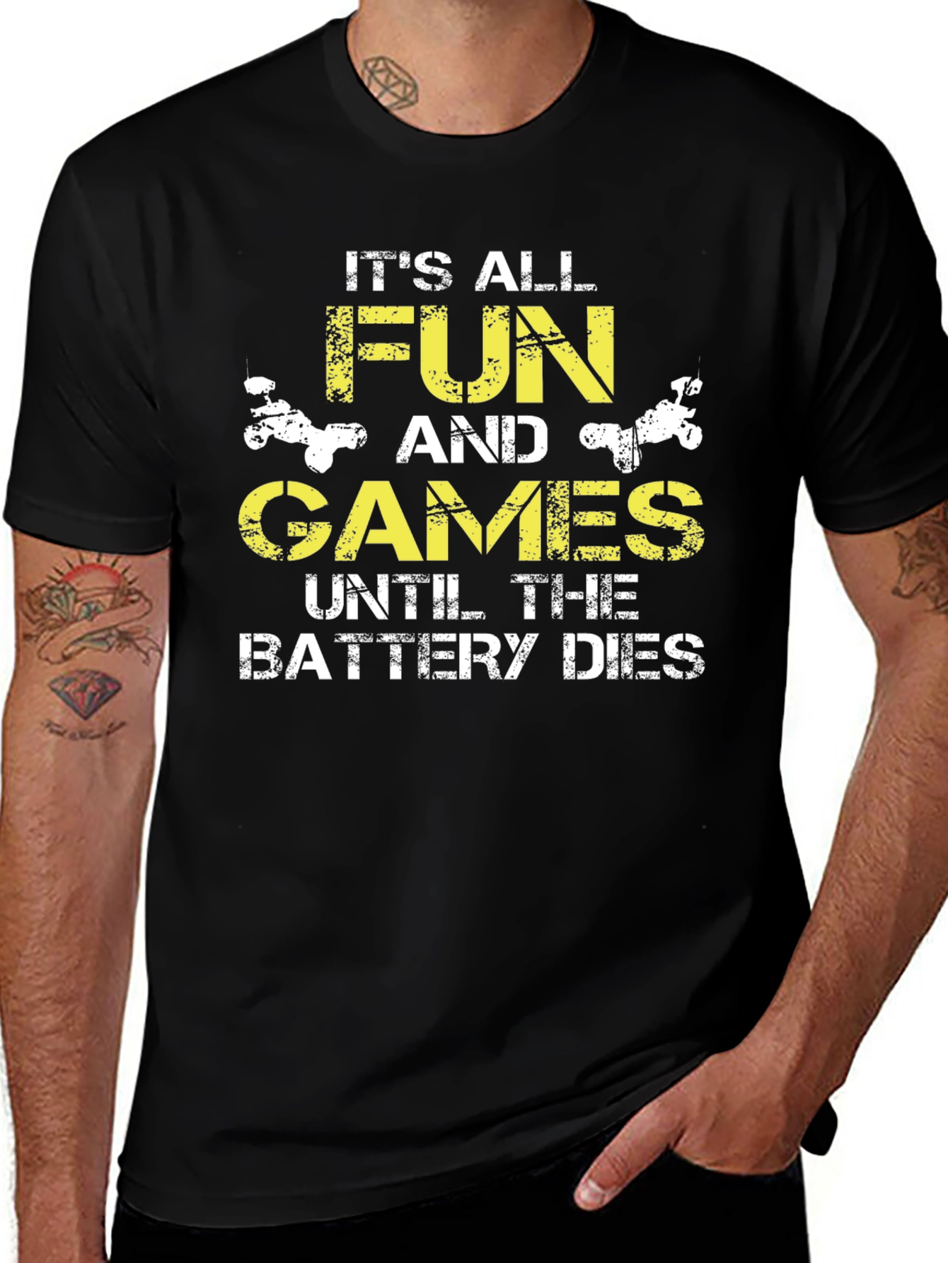 Funny Battery Dies Graphic Print Black T-Shirt