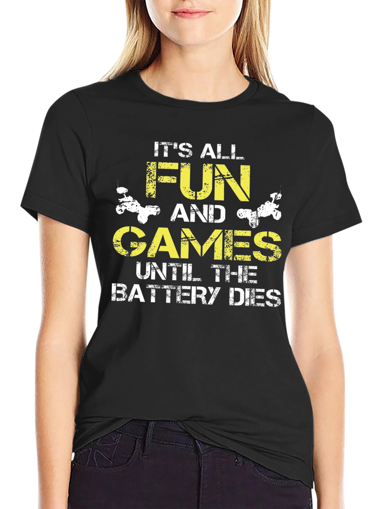 Funny Battery Dies Graphic Print Black T-Shirt