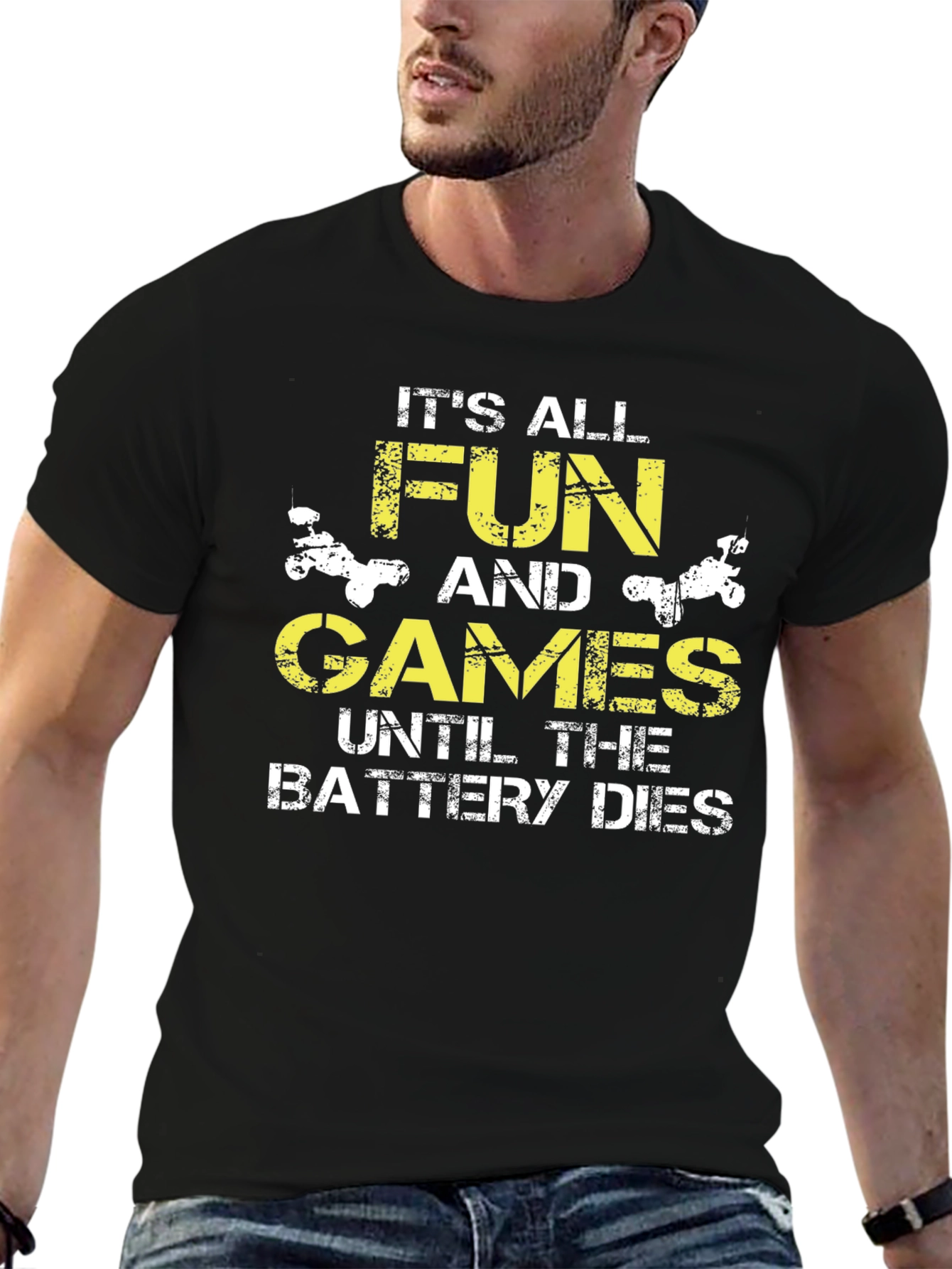 Funny Battery Dies Graphic Print Black T-Shirt