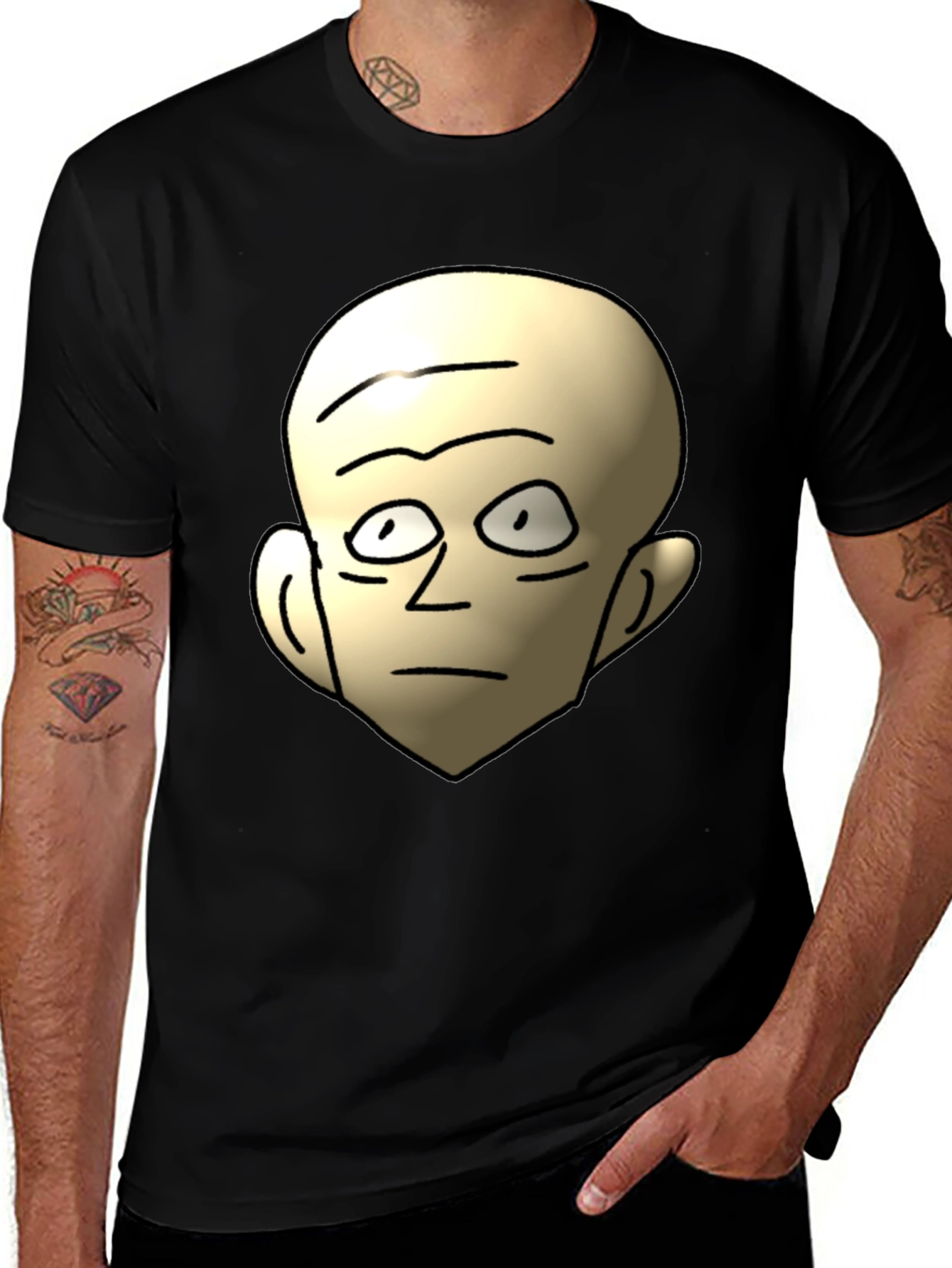 Funny Bald Head Cartoon Graphic Black T-Shirt