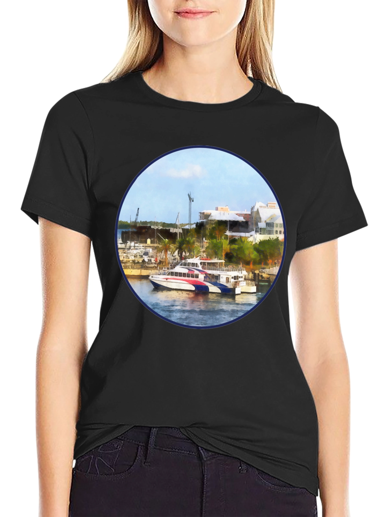 Bermuda Ferry Round Print Black T-Shirt