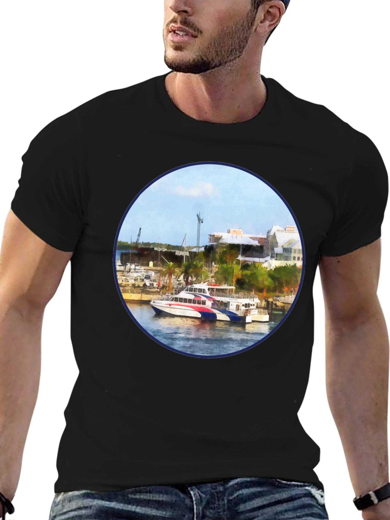Bermuda Ferry Round Print Black T-Shirt