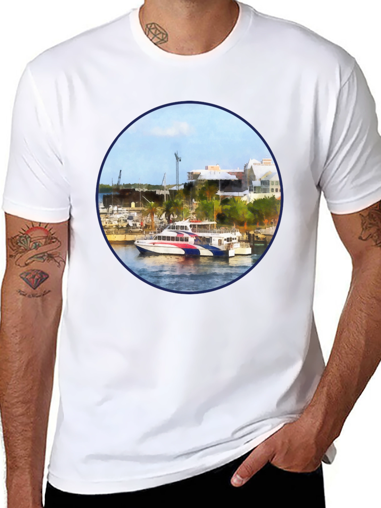 Bermuda Ferry Round Print Black T-Shirt