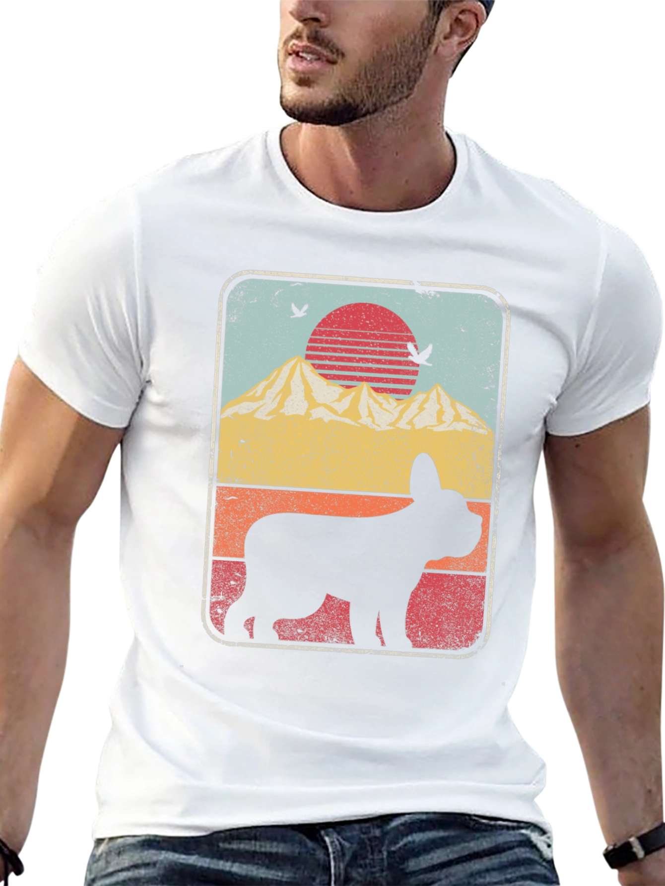Retro Dog Silhouette T-Shirt - Mountain Sunset Design