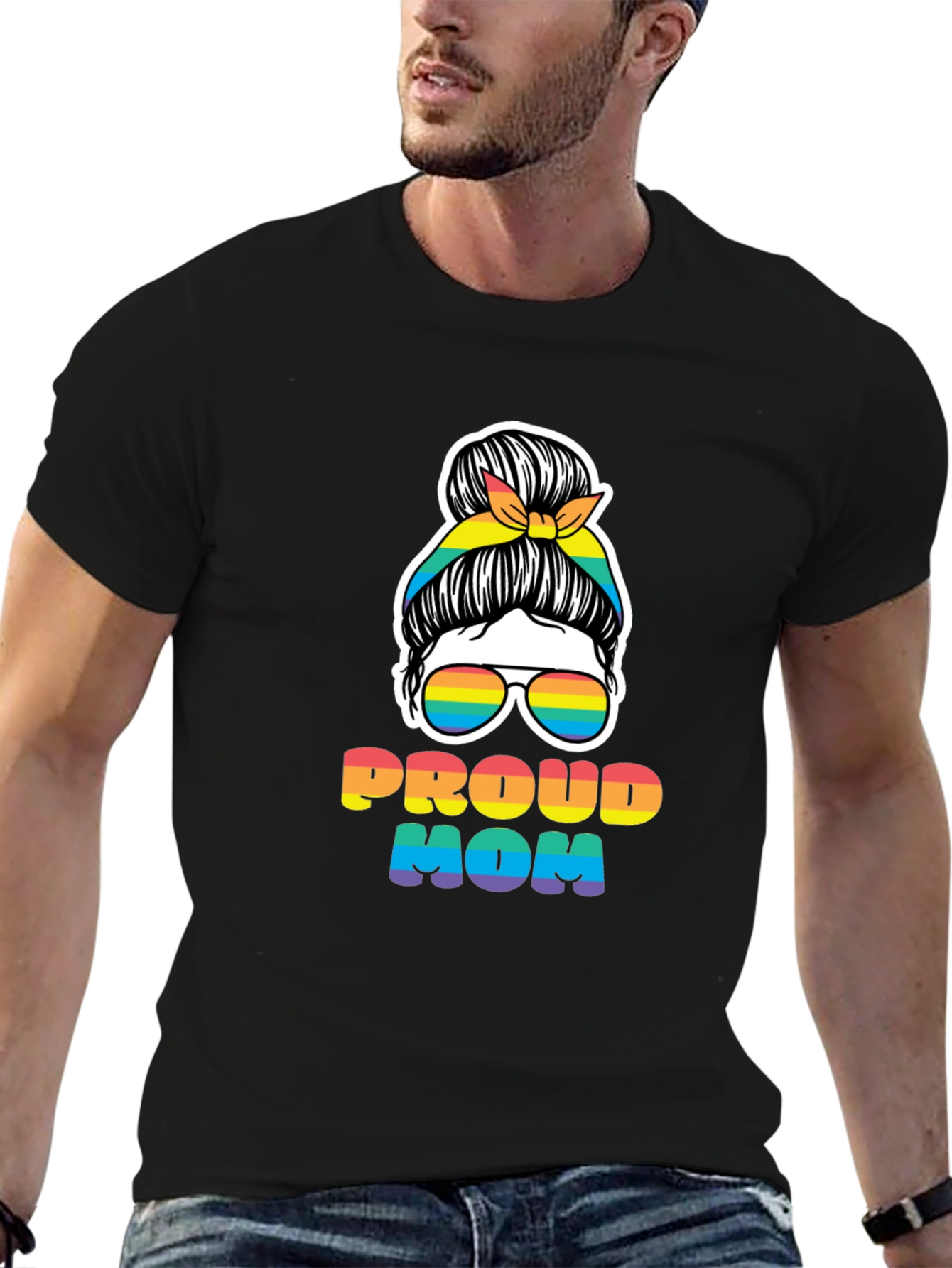 Proud Mom Messy Bun Rainbow LGBTQ Pride T-Shirt