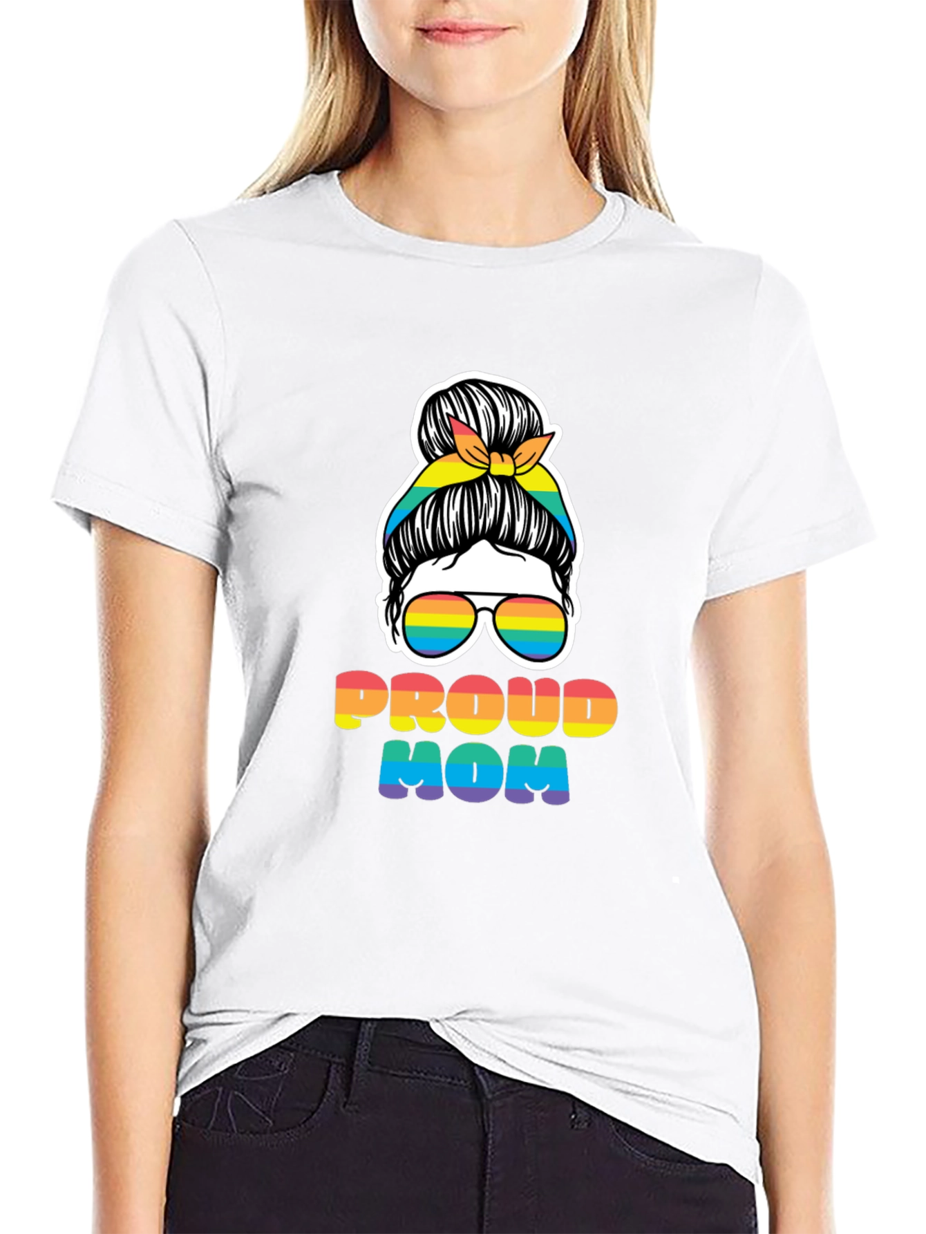 Proud Mom Messy Bun Rainbow LGBTQ Pride T-Shirt