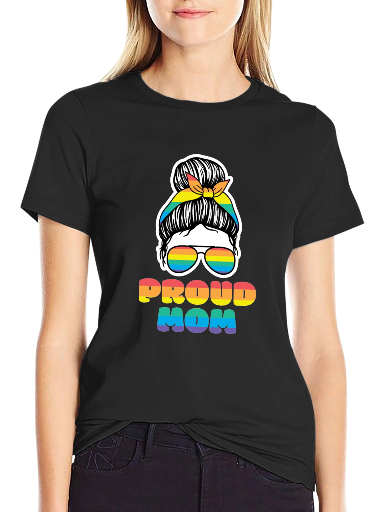 Proud Mom Messy Bun Rainbow LGBTQ Pride T-Shirt