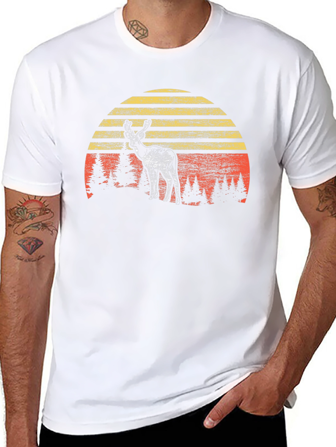 Retro Deer Sunset Graphic Tee - Black Cotton Blend