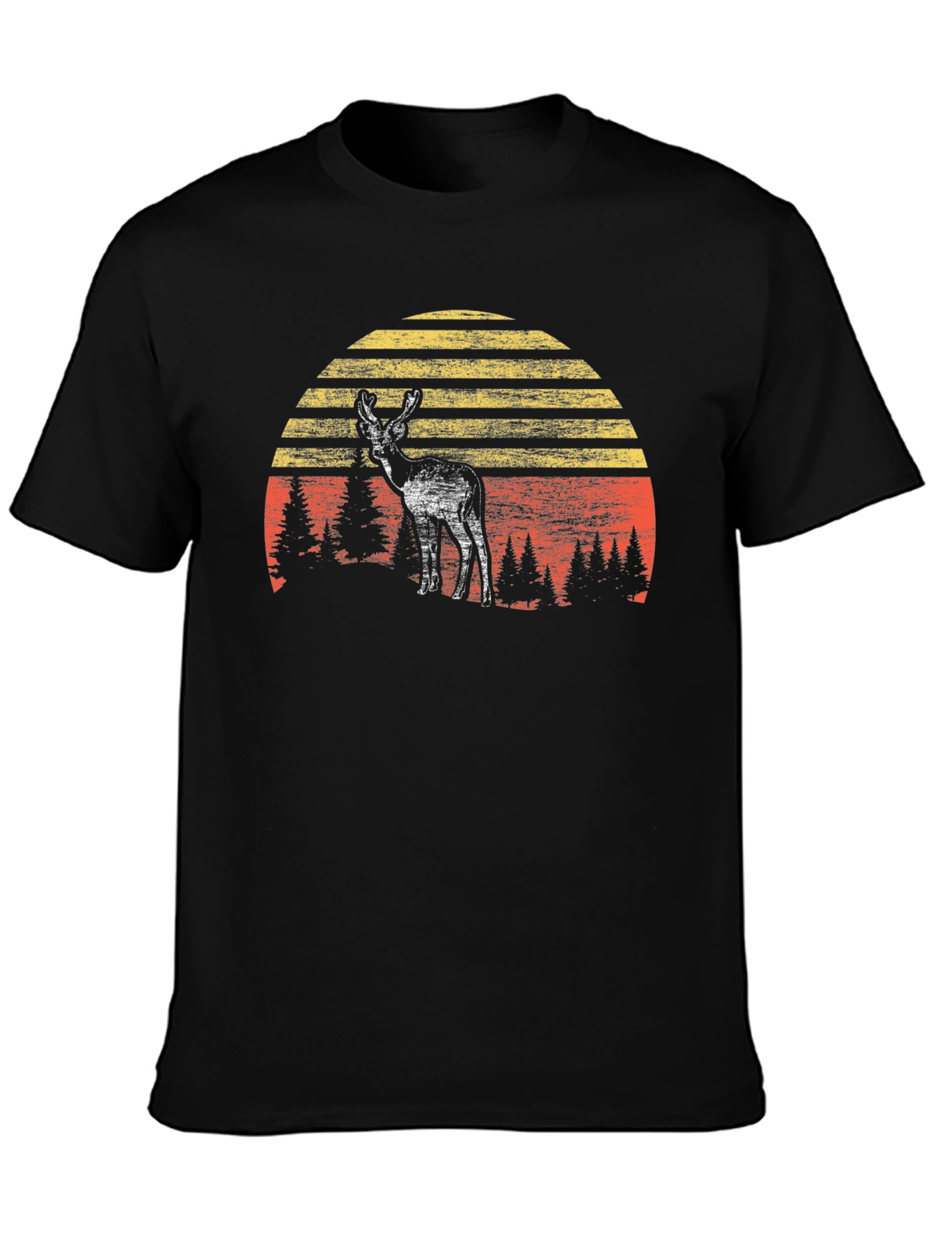Retro Deer Sunset Graphic Tee - Black Cotton Blend