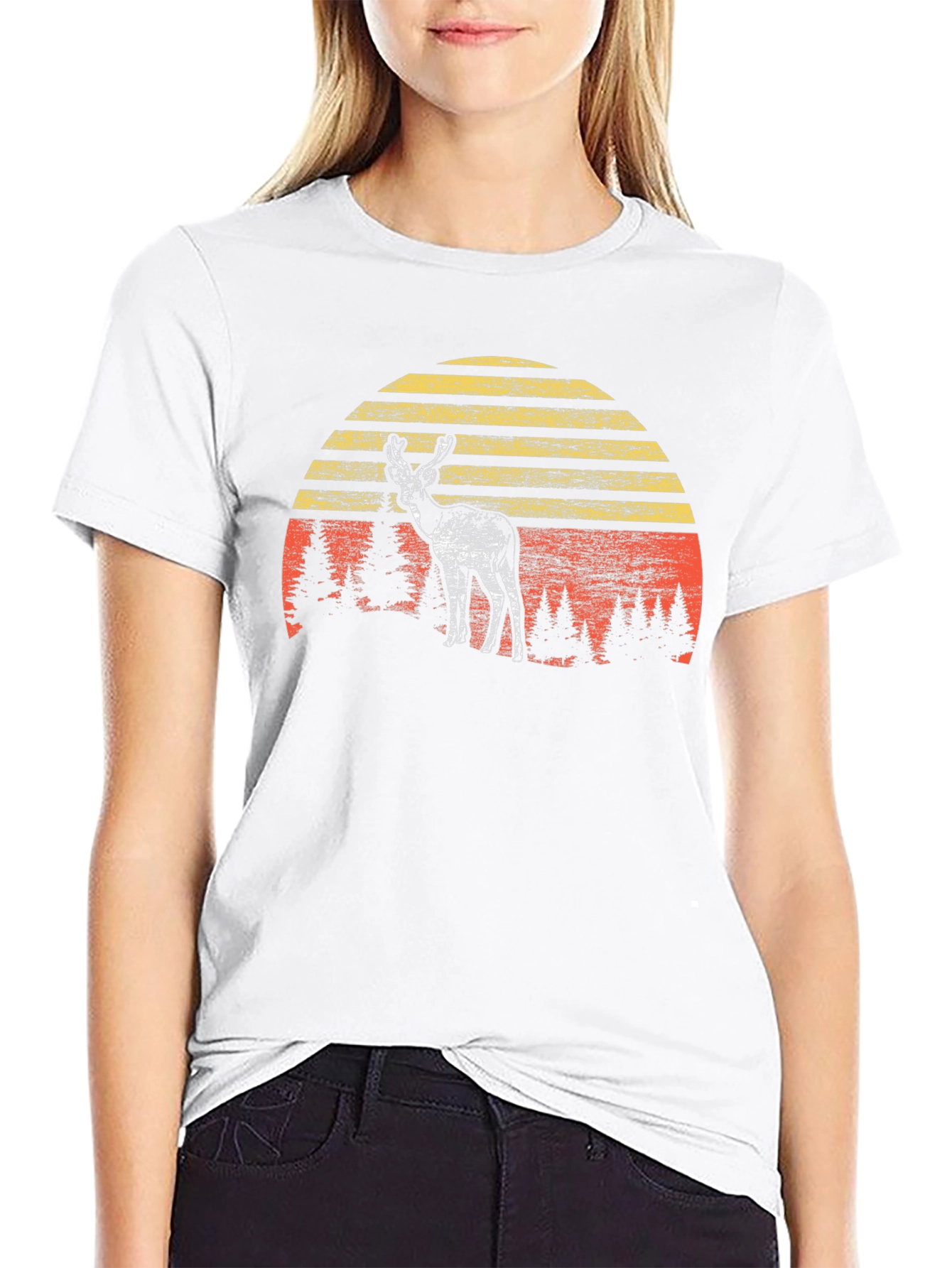 Retro Deer Sunset Graphic Tee - Black Cotton Blend