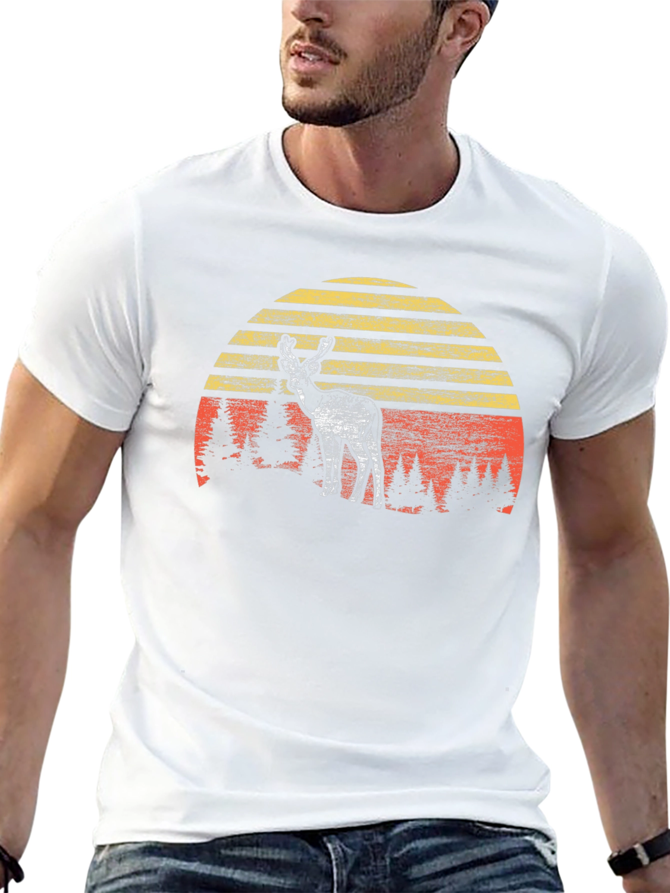 Retro Deer Sunset Graphic Tee - Black Cotton Blend