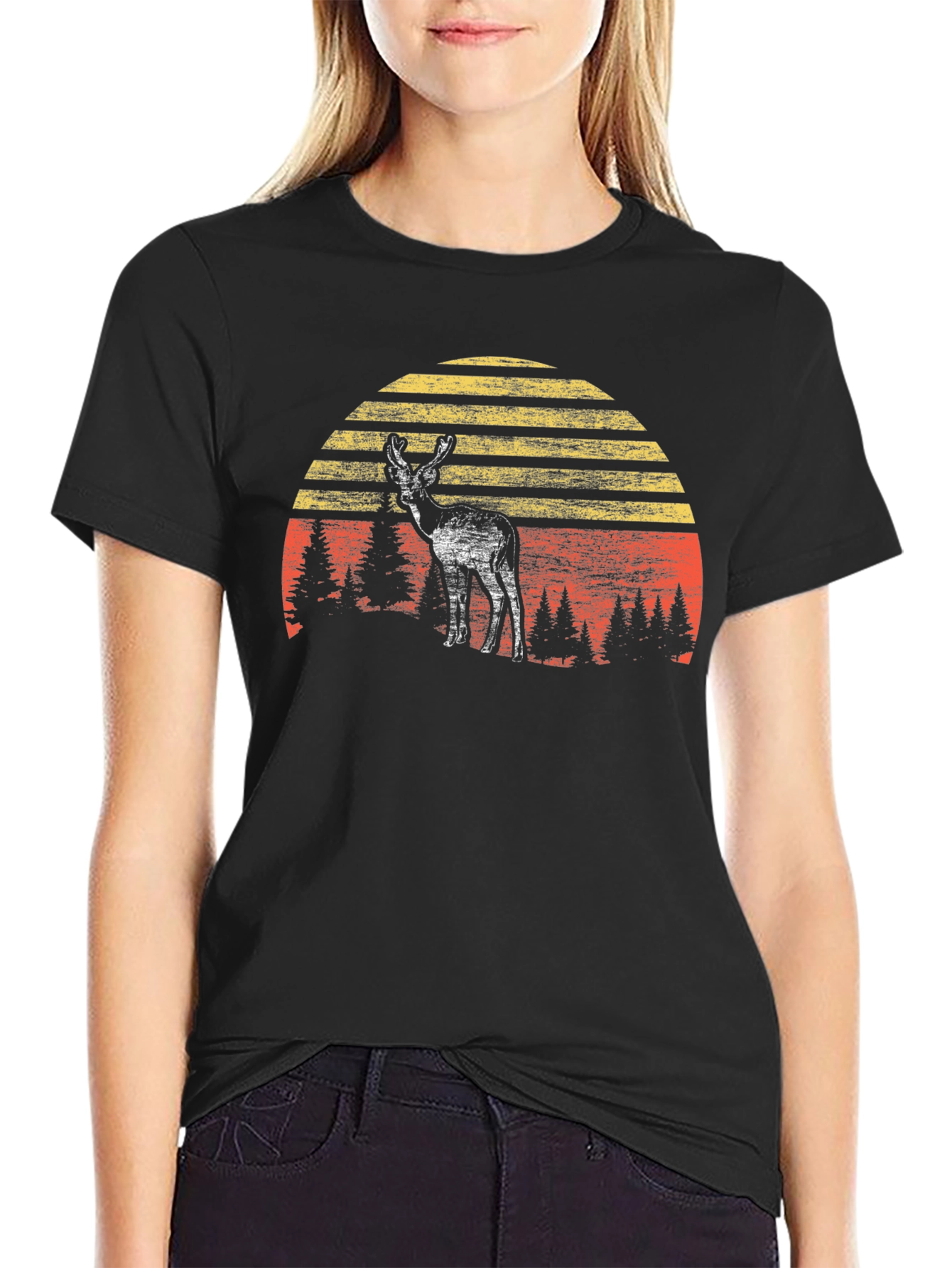 Retro Deer Sunset Graphic Tee - Black Cotton Blend