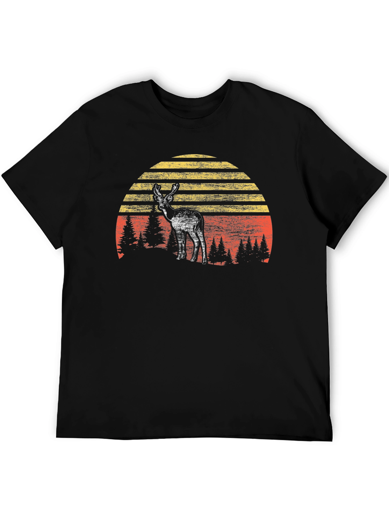 Retro Deer Sunset Graphic Tee - Black Cotton Blend