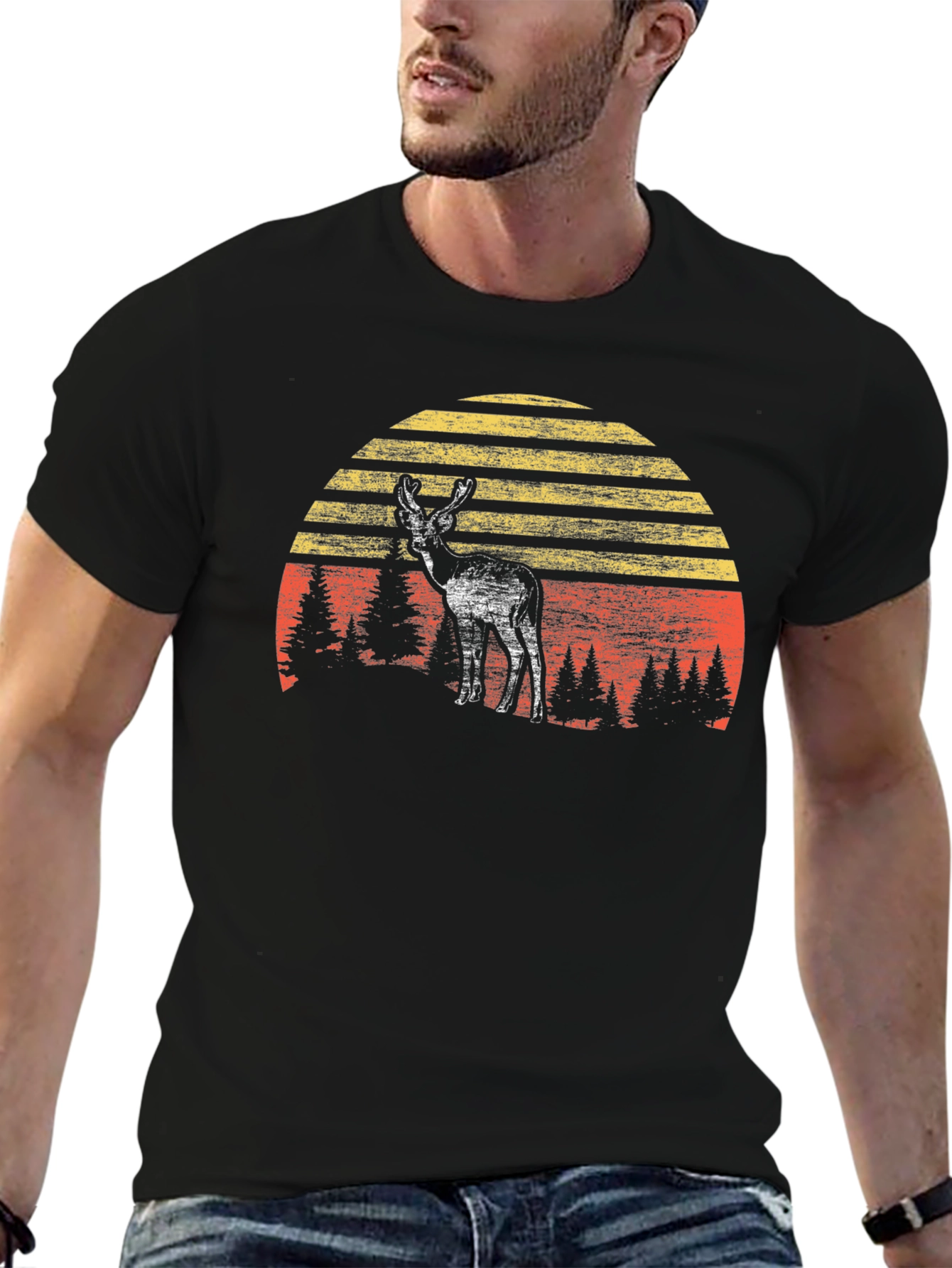 Retro Deer Sunset Graphic Tee - Black Cotton Blend