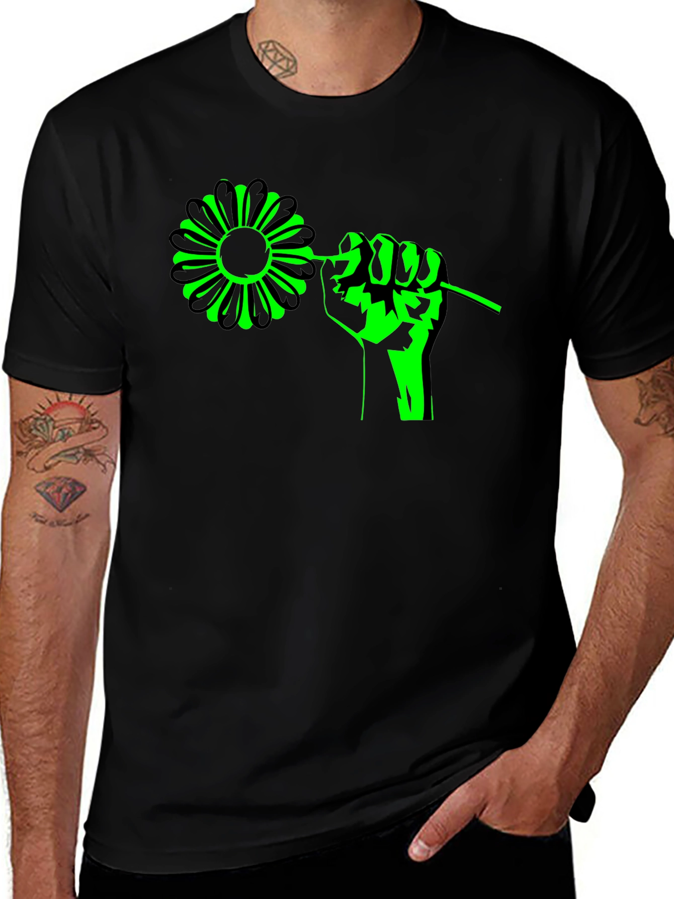 Flower Power Graphic Tee - Black Cotton T-Shirt