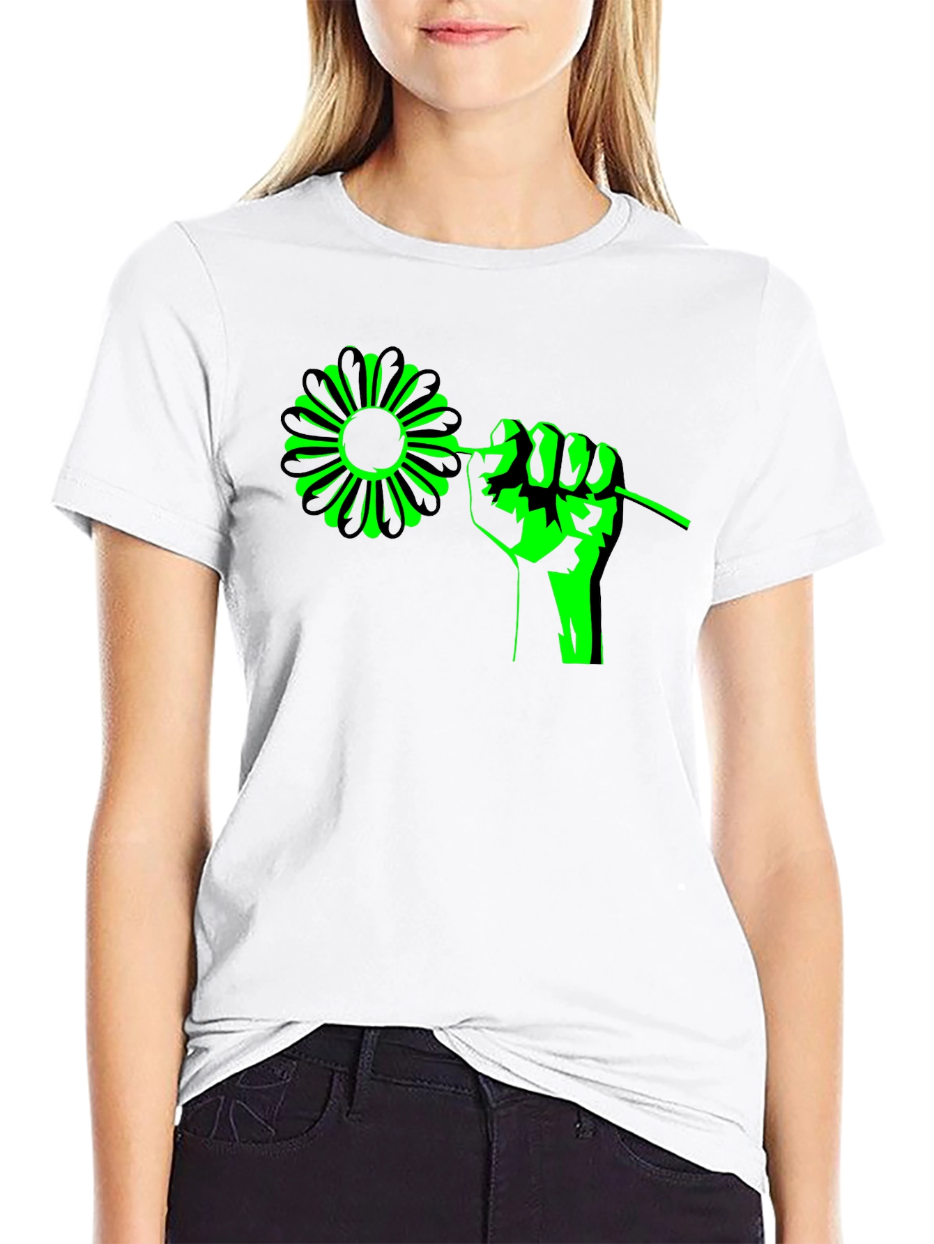 Flower Power Graphic Tee - Black Cotton T-Shirt