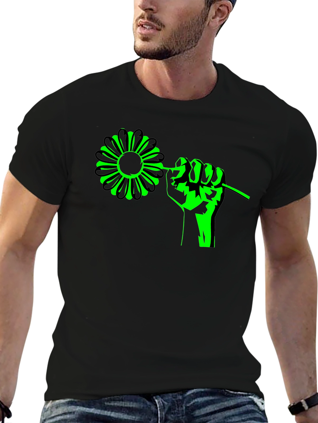 Flower Power Graphic Tee - Black Cotton T-Shirt