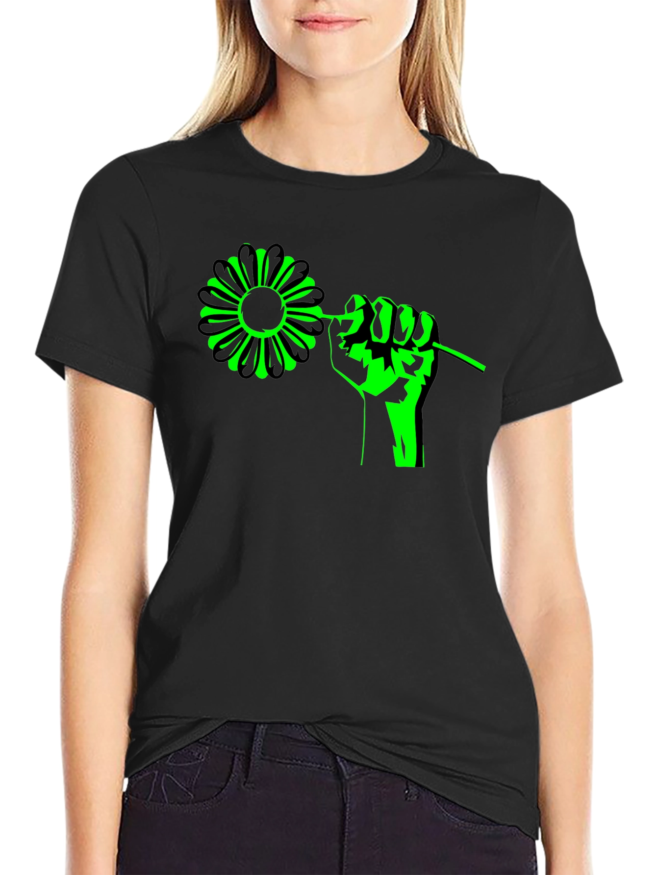 Flower Power Graphic Tee - Black Cotton T-Shirt