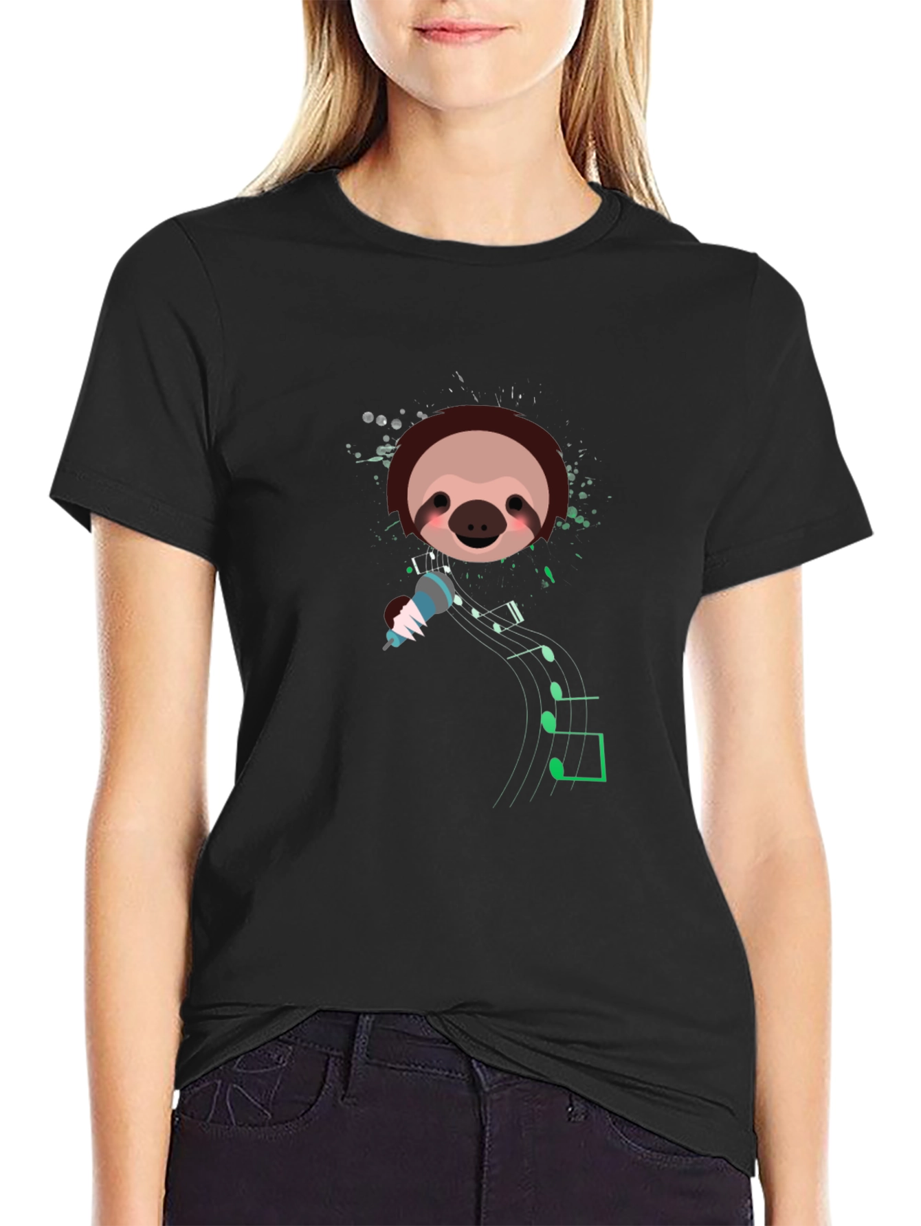 Singing Sloth Graphic T-Shirt - Black
