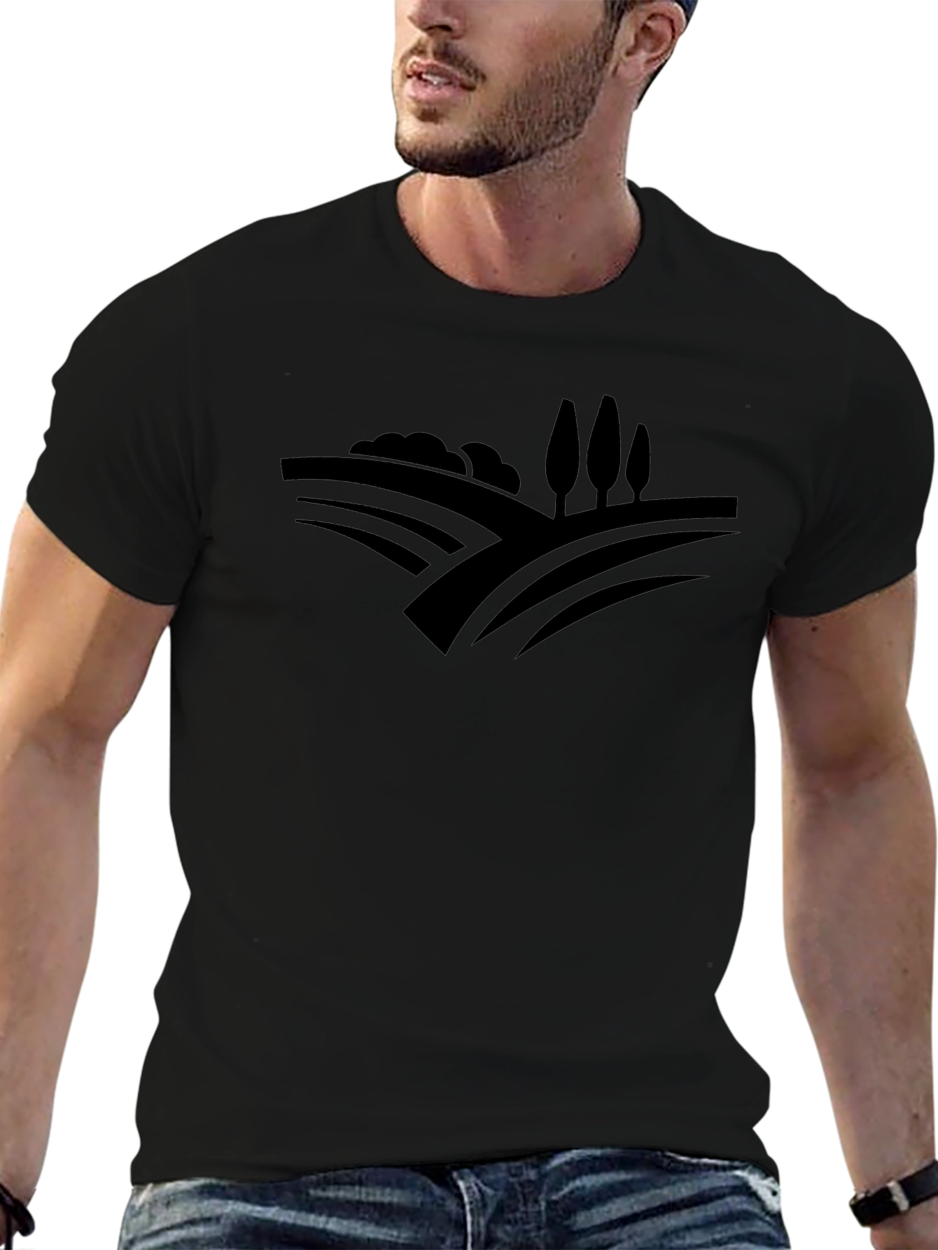 Stylish Black Tee with Countryside Graphic Design