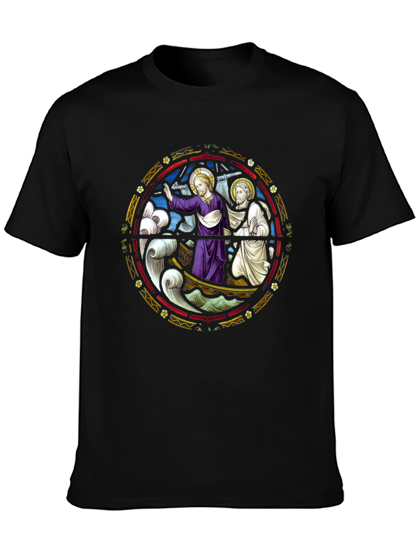 Religious Graphic Tee - Jesus Boat Stained Glass