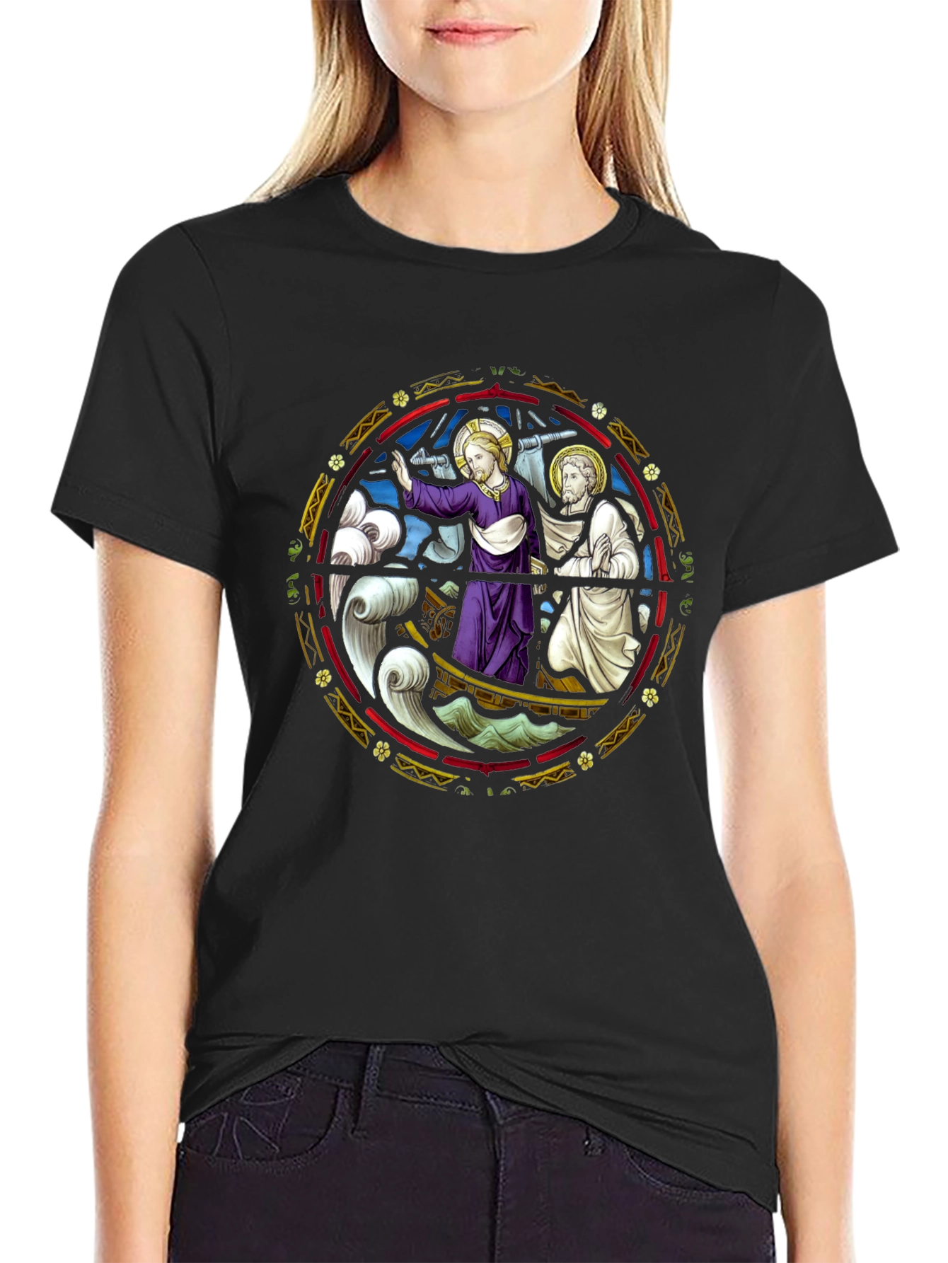 Religious Graphic Tee - Jesus Boat Stained Glass
