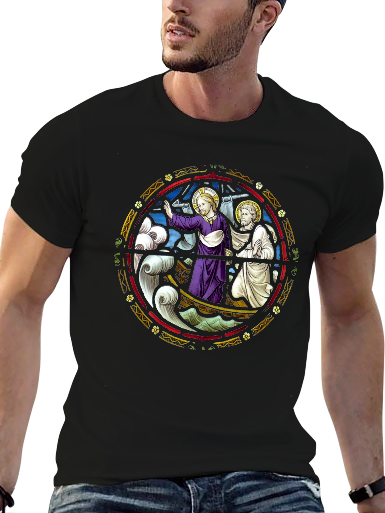 Religious Graphic Tee - Jesus Boat Stained Glass