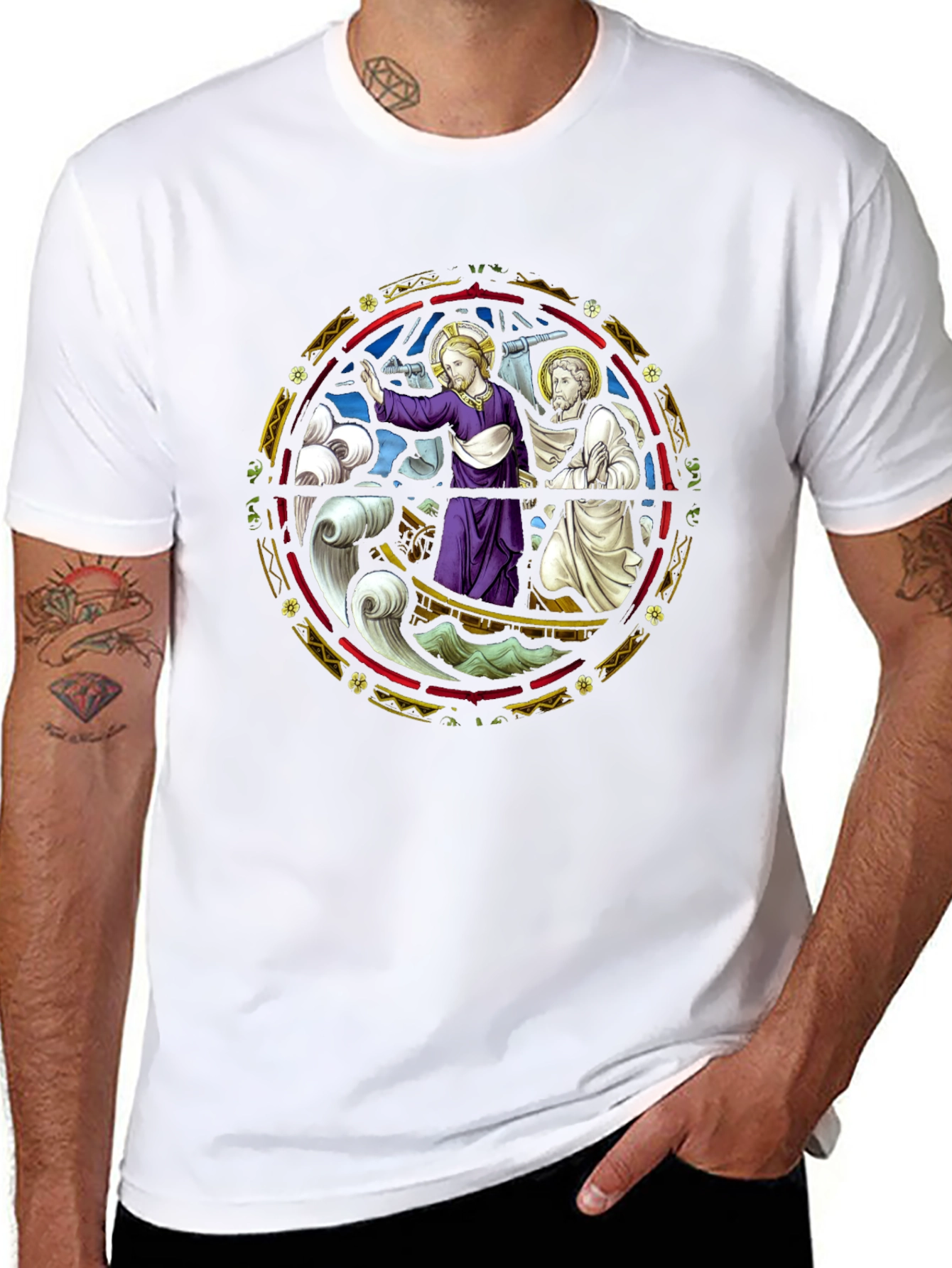 Religious Graphic Tee - Jesus Boat Stained Glass